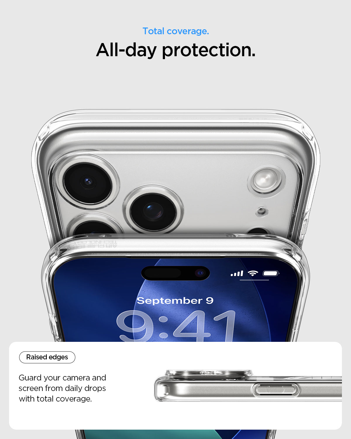 ACS09599- iPhone 17 Pro Max Ultra Hybrid (MagFit) in Clear White showing total coverage. all day protection. raised edges guard your camera and screen from daily drops with total coverage.