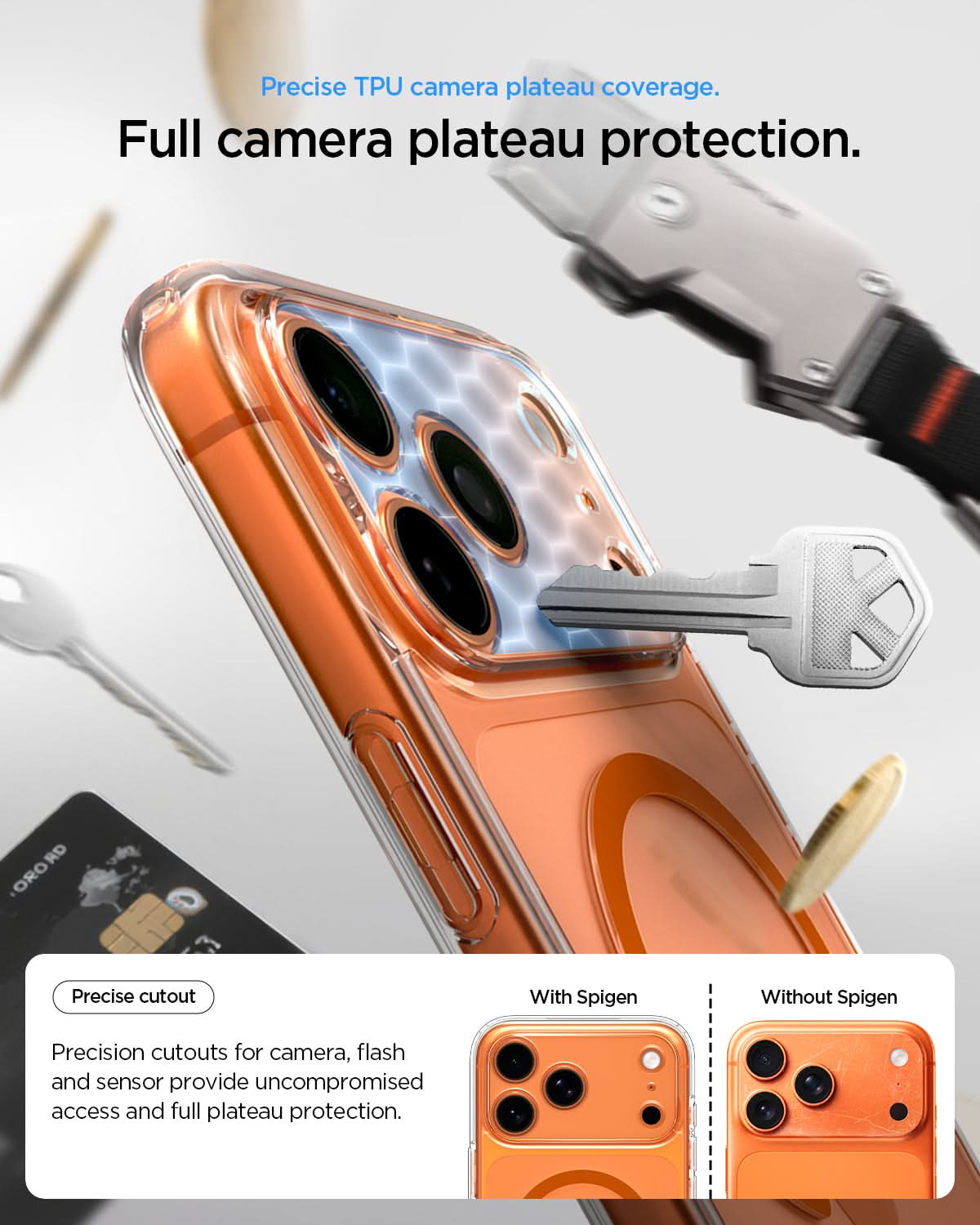 ACS11107 - iPhone 17 Pro Max Ultra Hybrid (MagFit) in Clear Orange showing precise TPU camera plateau coverage. full camera plateau protection.