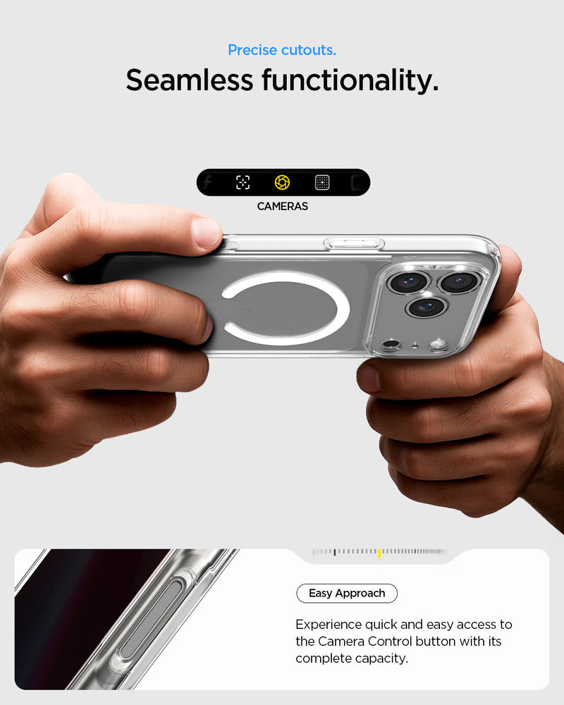 ACS09599- iPhone 17 Pro Max Ultra Hybrid (MagFit) in Clear White showing precise cutouts. seamless functionality. easy approach. experience quick and easy access to the camera control button with its complete capacity.