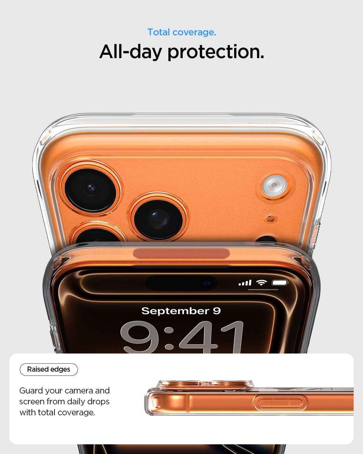 ACS11107 - iPhone 17 Pro Max Ultra Hybrid (MagFit) in Clear Orange showing total coverage. all day protection. raised edges guard your camera and screen from daily drops with total coverage.