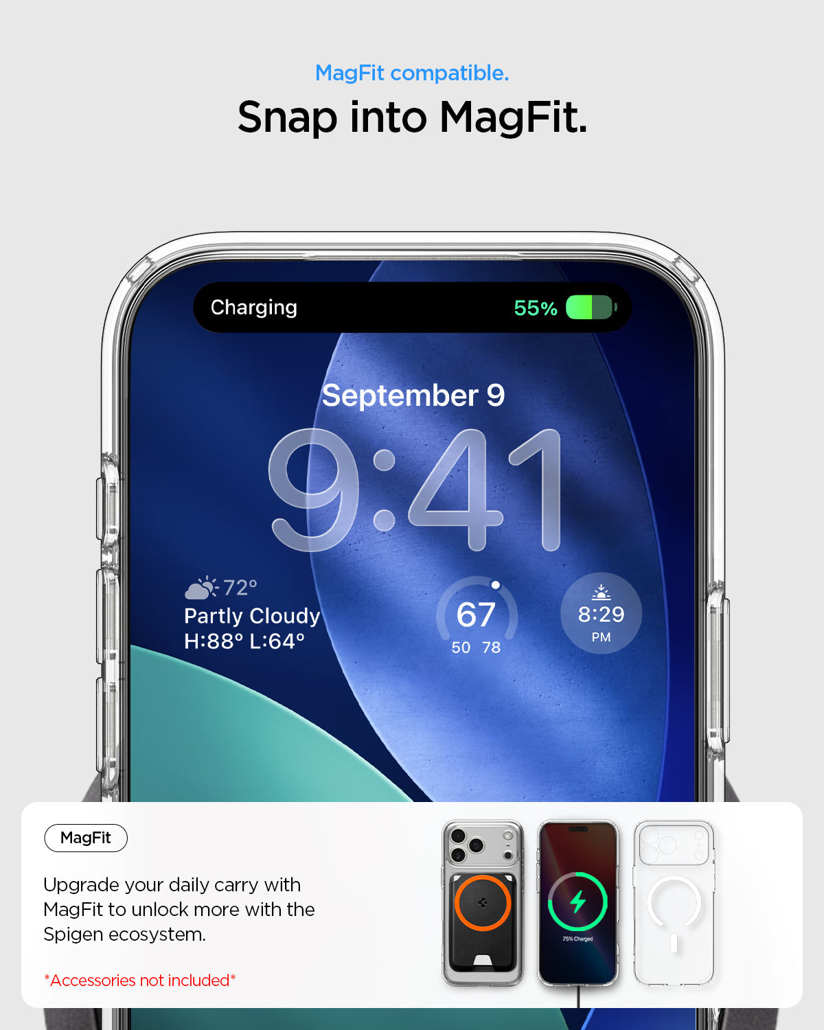 ACS09599- iPhone 17 Pro Max Ultra Hybrid (MagFit) in Clear White showing magfit compatible. snap into magfit. upgrade your daily carry with magfit to unlock more with the spigen ecosystem.