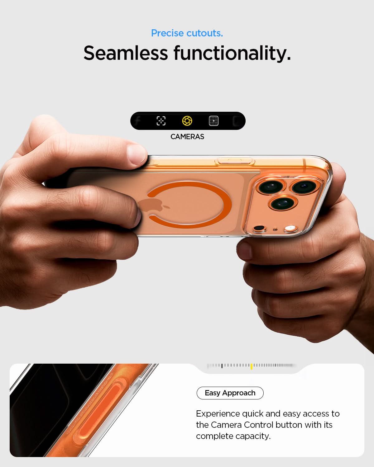 ACS11107 - iPhone 17 Pro Max Ultra Hybrid (MagFit) in Clear Orange showing precise cutouts. seamless functionality. easy approach. experience quick and easy access to the camera control button with its complete capacity.