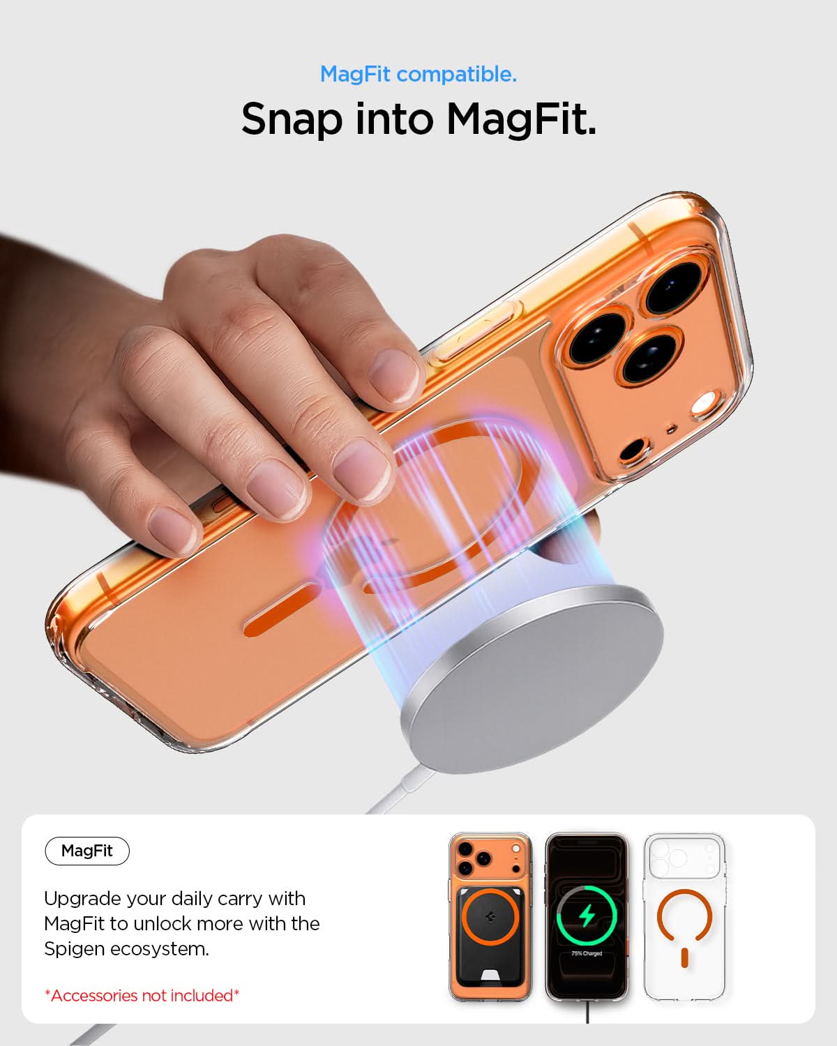 ACS11107 - iPhone 17 Pro Max Ultra Hybrid (MagFit) in Clear Orange showing magfit compatible. snap into magfit.