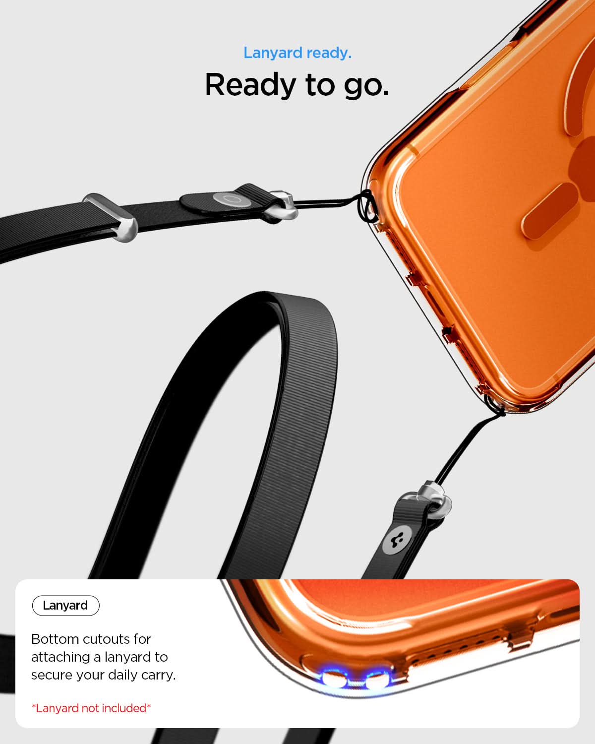 ACS11107 - iPhone 17 Pro Max Ultra Hybrid (MagFit) in Clear Orange showing lanyard ready to go. bottom cutouts for attaching a lanyard to secure our daily carry