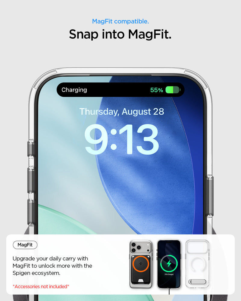 ACS09605 - iPhone 17 Pro Max Case Ultra Hybrid S (MagFit) showing the MagFit compatibility. Snap into MagFit. Upgrade daily carry with MagFit to unlock more with Spigen ecosystem.