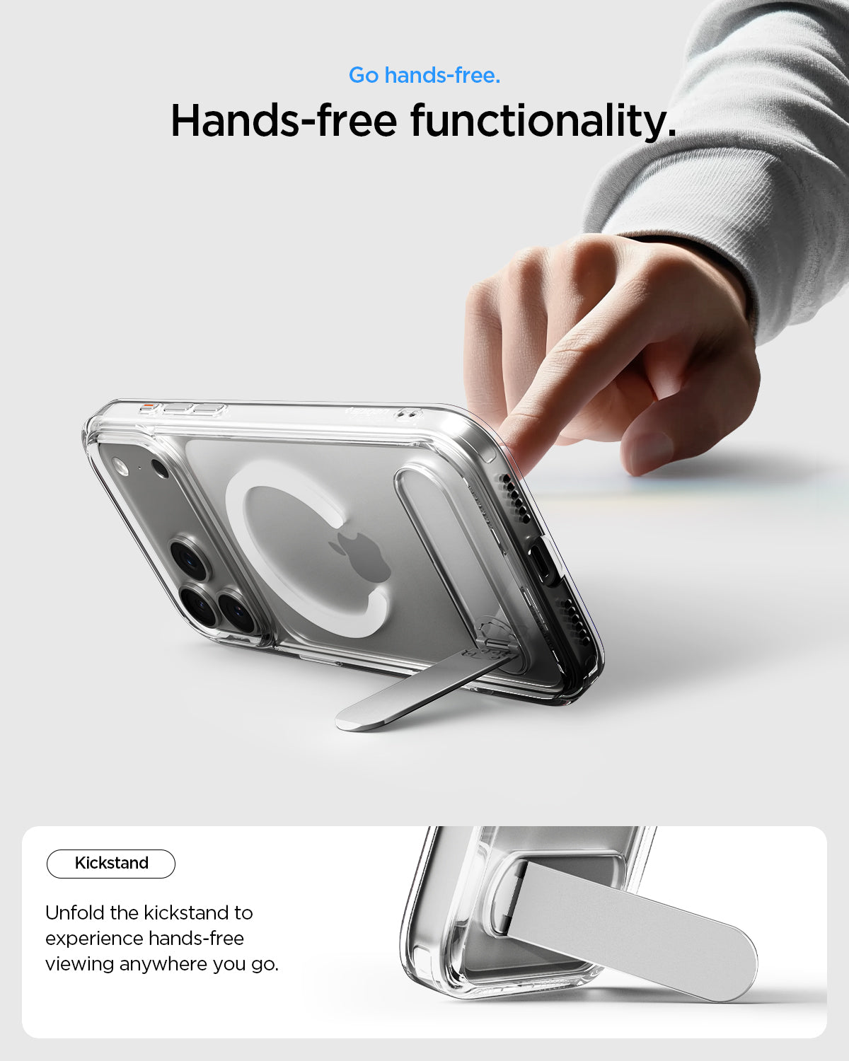 ACS09605 - iPhone 17 Pro Max Case Ultra Hybrid S (MagFit) showing the hands free functionality. Unfold the kickstand to experience hands free viewing anywhere you go.