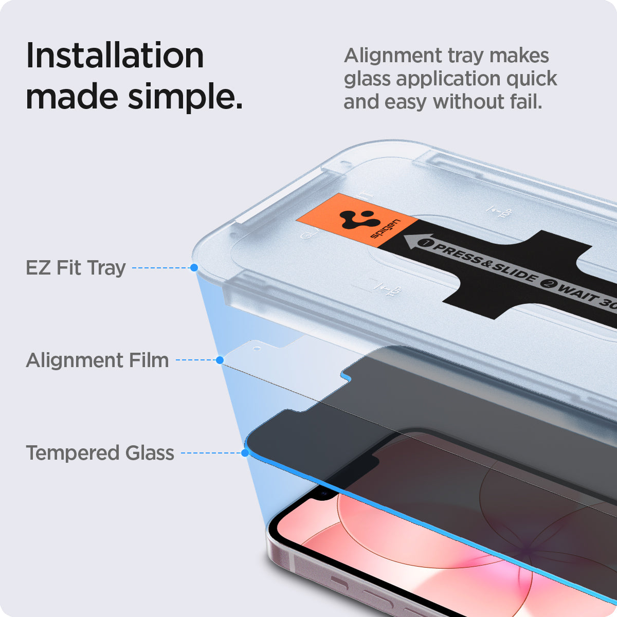 AGL03388 - iPhone 17e Screen Protector EZ FIT GLAS.tR Privacy showing how the installation made simple. Alignment tray makes glass application quick and easy without fail. Parts: EZ Fit Tray, Alignment Film and Tempered Glass