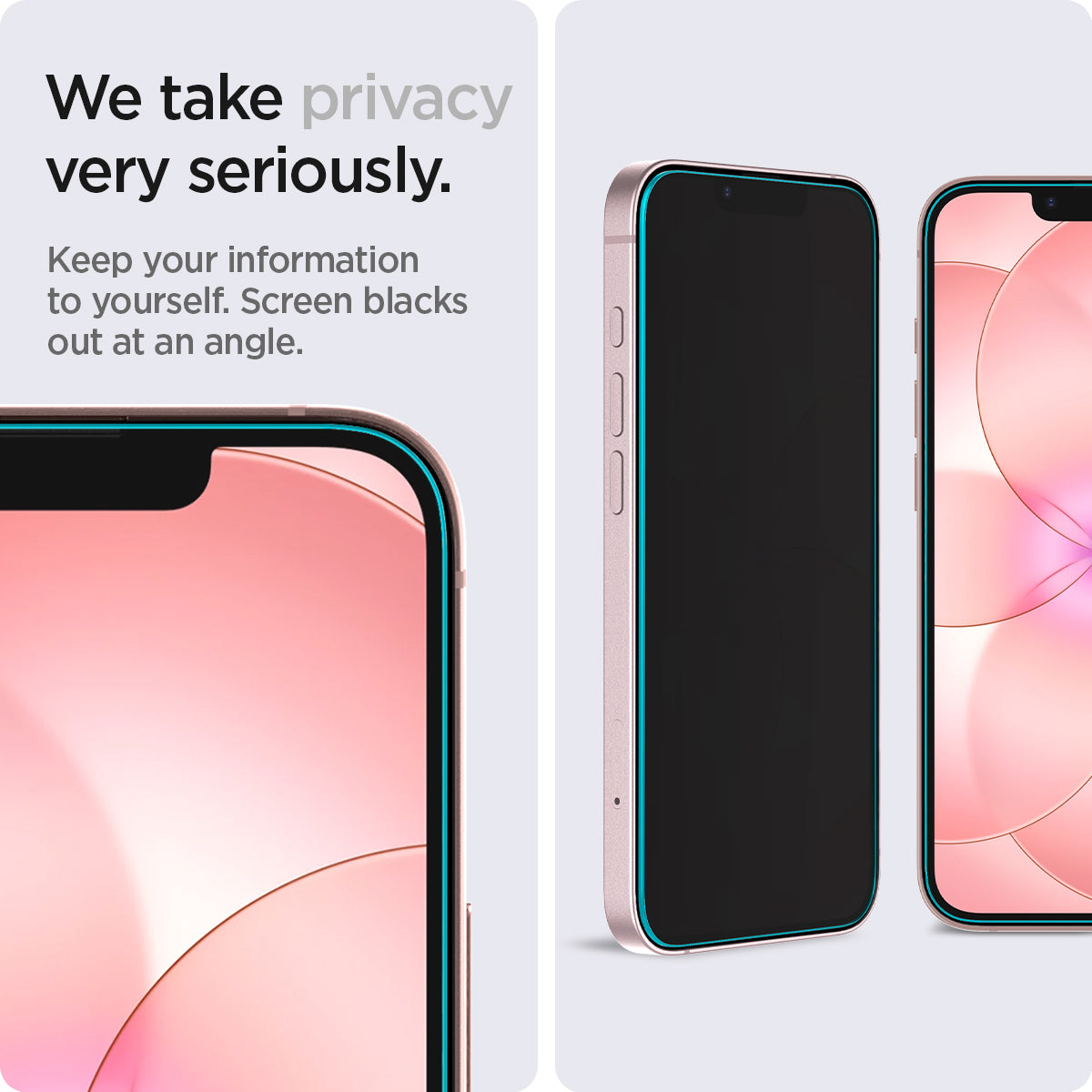 AGL03388 - iPhone 17e Screen Protector EZ FIT GLAS.tR Privacy showing we take privacy very seriously. Keep your information to yourself. Screen blacks out at an angle.