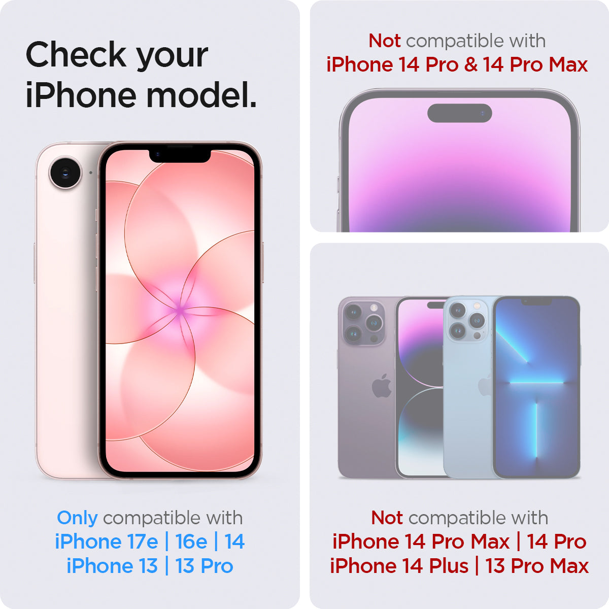 AGL03385 - iPhone 17e Series - GLAS.tR EZ Fit showing check your iPhone model. Only compatible with iPhone 17e, 16e, 14, 13 Pro, and 13. 