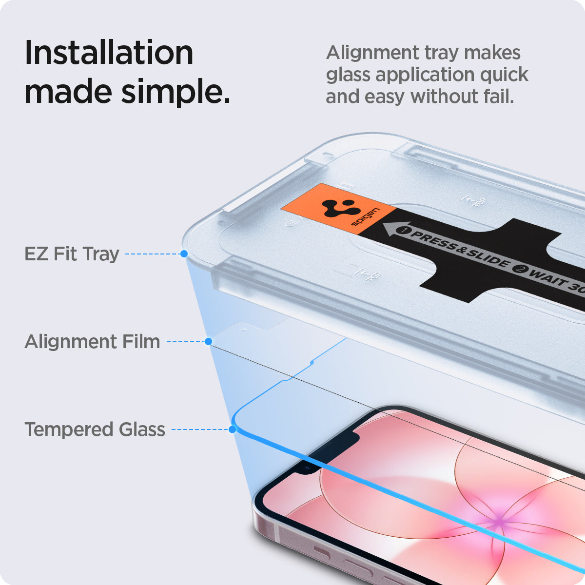 AGL03386 - iPhone 17e Series - EZ Fit GLAS.tR | Sensor Protected showing how the installation made simple. Alignment tray makes glass application quick and easy without fail. Parts: EZ Fit Tray, Alignment Film and Tempered Glass