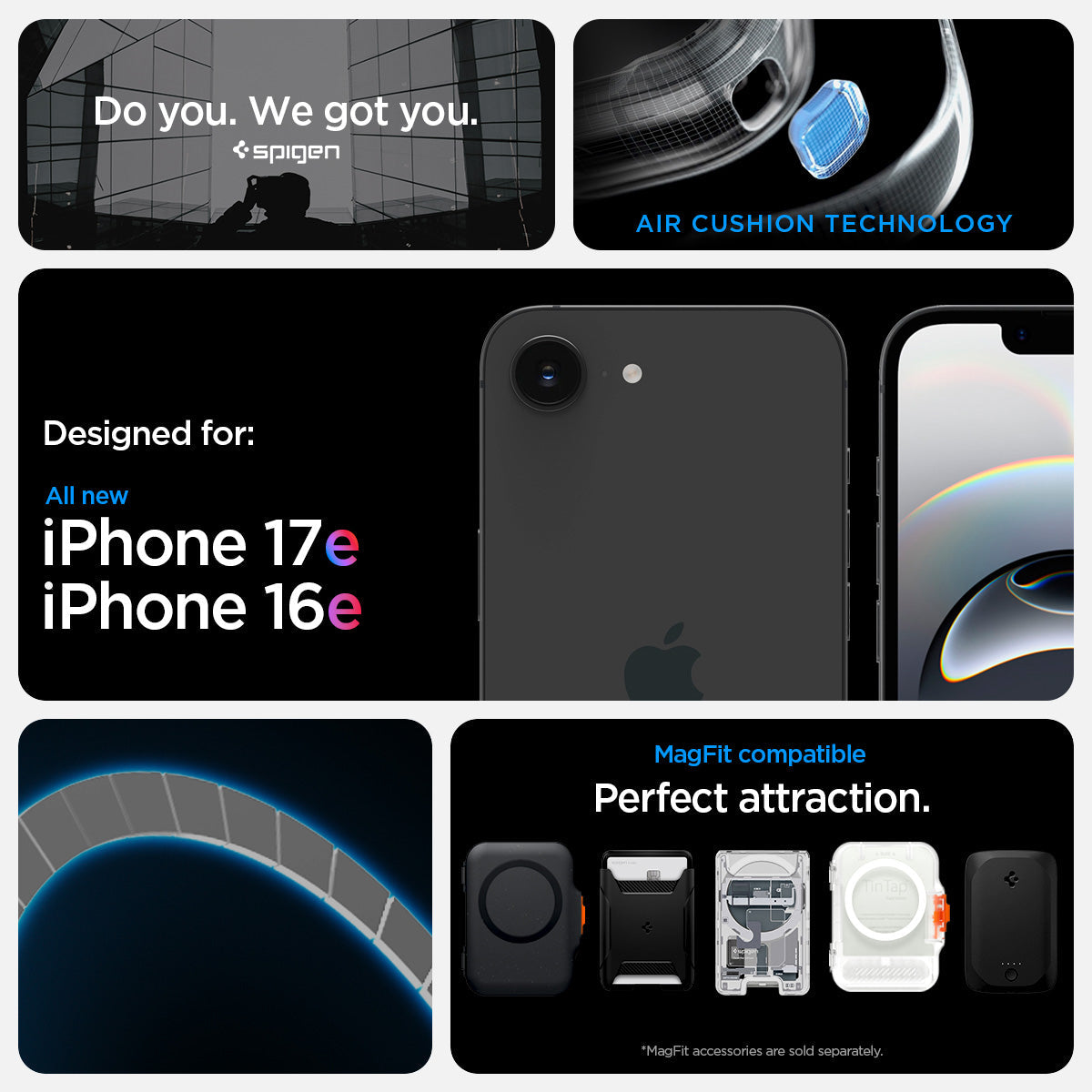 ACS09152 - iPhone 17e Case Rugged Armor (MagFit) showing iPhone 17e and iPhone 16e compatibility and compatibility with Mag Fit. Showcases Air Cushion technology along with Mag fit accessories showcases of Mag Fit wallets and chargers but Mag fit accessories are sold separately.