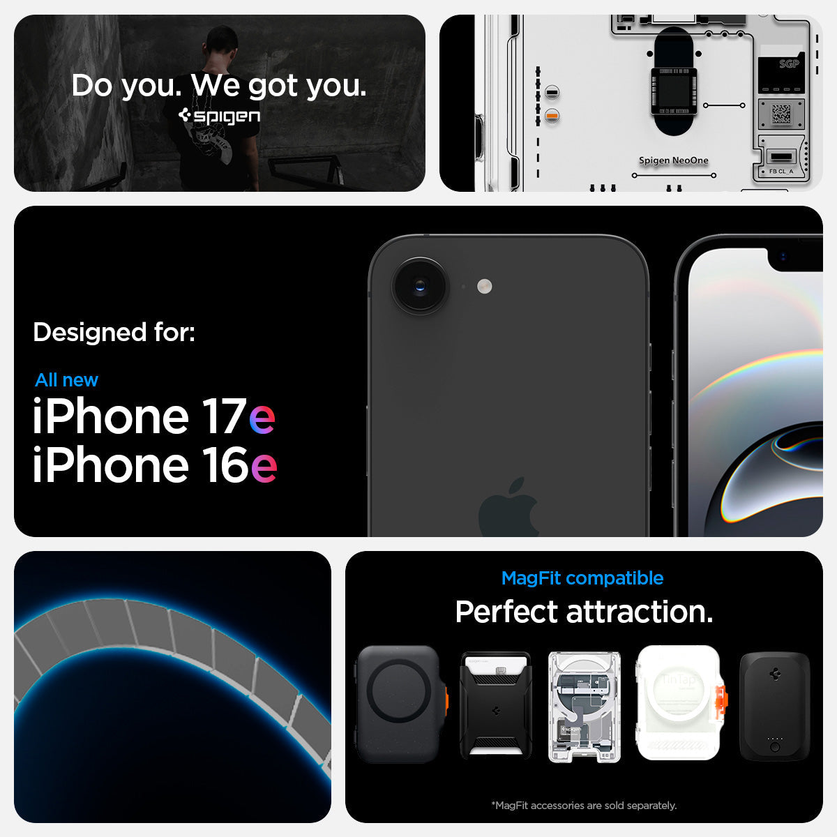 ACS09143 - iPhone 17e Case Ultra Hybrid Neo One (MagFit) showing iPhone 17e and iPhone 16e compatibility and compatibility with Mag Fit. Showcases Air Cushion technology along with Mag fit accessories showcases of Mag Fit wallets and chargers but Mag fit 