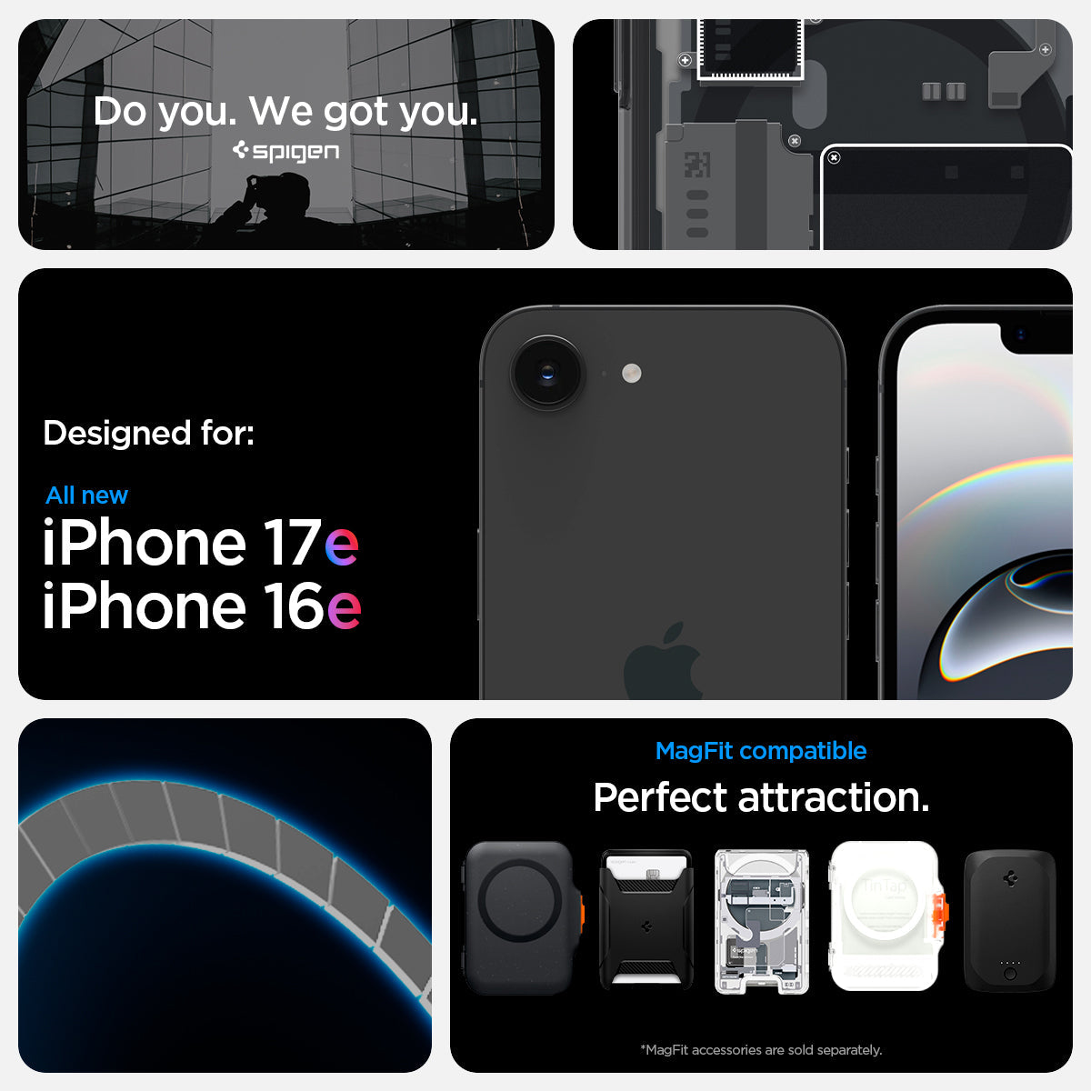 ACS09141 - iPhone 17e Case Ultra Hybrid Zero One (MagFit) showing iPhone 17e and iPhone 16e compatibility and compatibility with Mag Fit. Showcases Air Cushion technology along with Mag fit accessories showcases of Mag Fit wallets and chargers but Mag fit