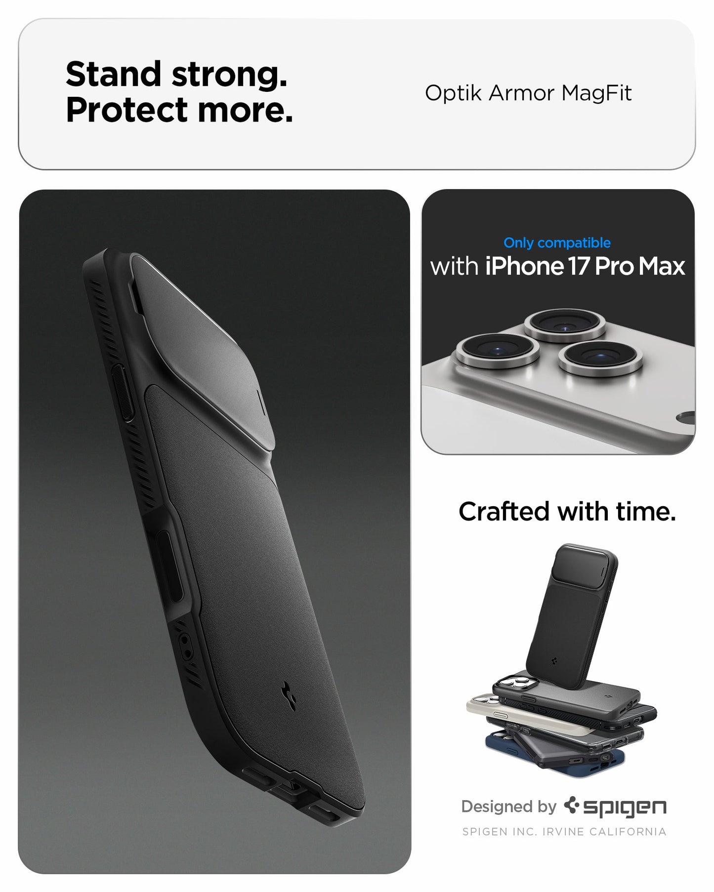 ACS09900 - iPhone 17 Pro Max Series Case Optik Armor (MagFit) in black showing the stand strong and protect more with the case. Only compatible with iPhone 17 pro max