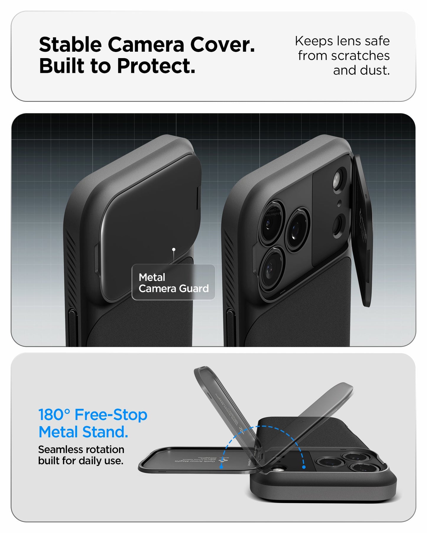 ACS09900 - iPhone 17 Pro Max Series Case Optik Armor (MagFit) in black showing the stable camera cover that is built to protect. Keep lens safe from scratches and dust