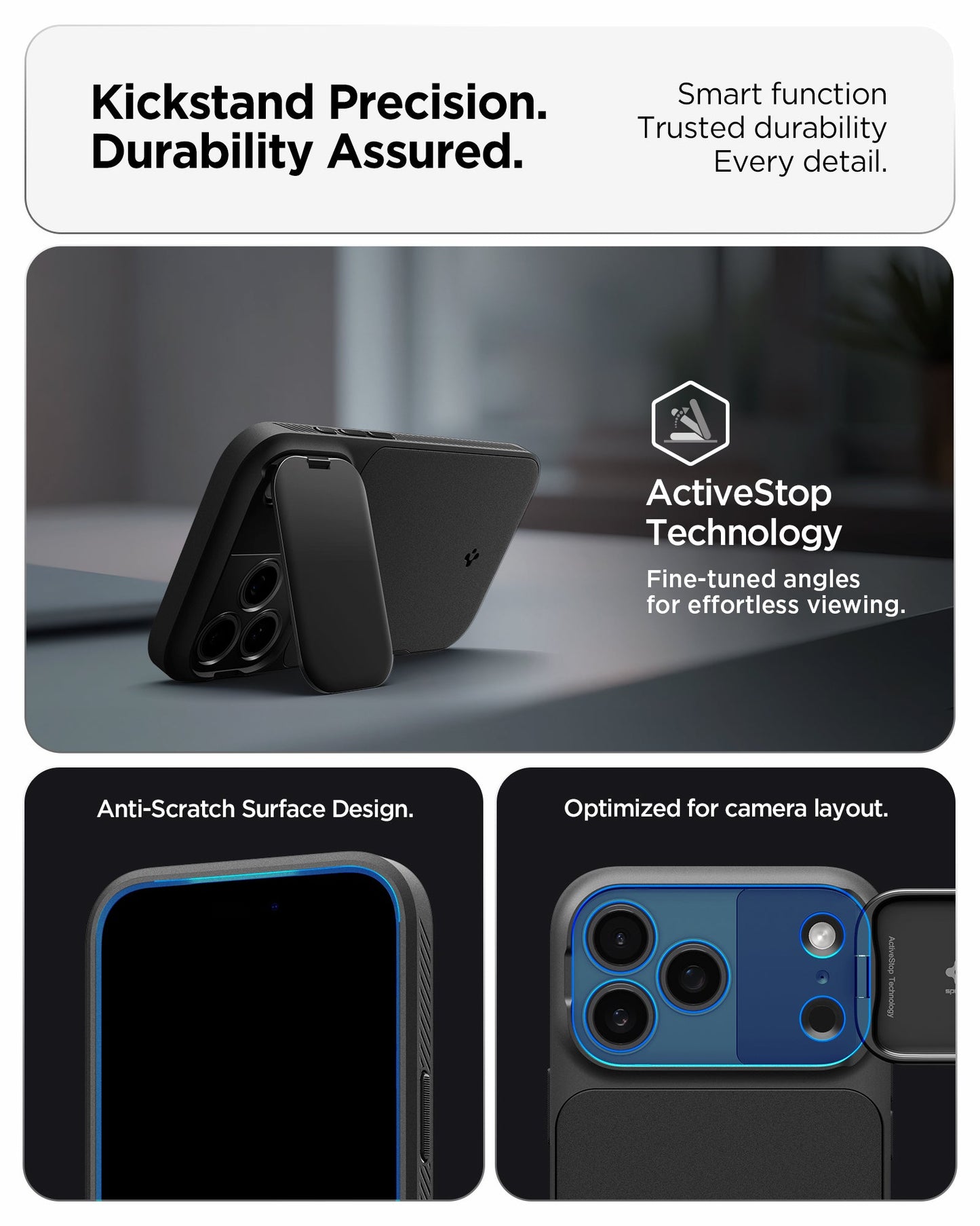 ACS09900 - iPhone 17 Pro Max Series Case Optik Armor (MagFit) in black showing the kickstand precision. Durability assured. Smart function, trusted durability and every detail.