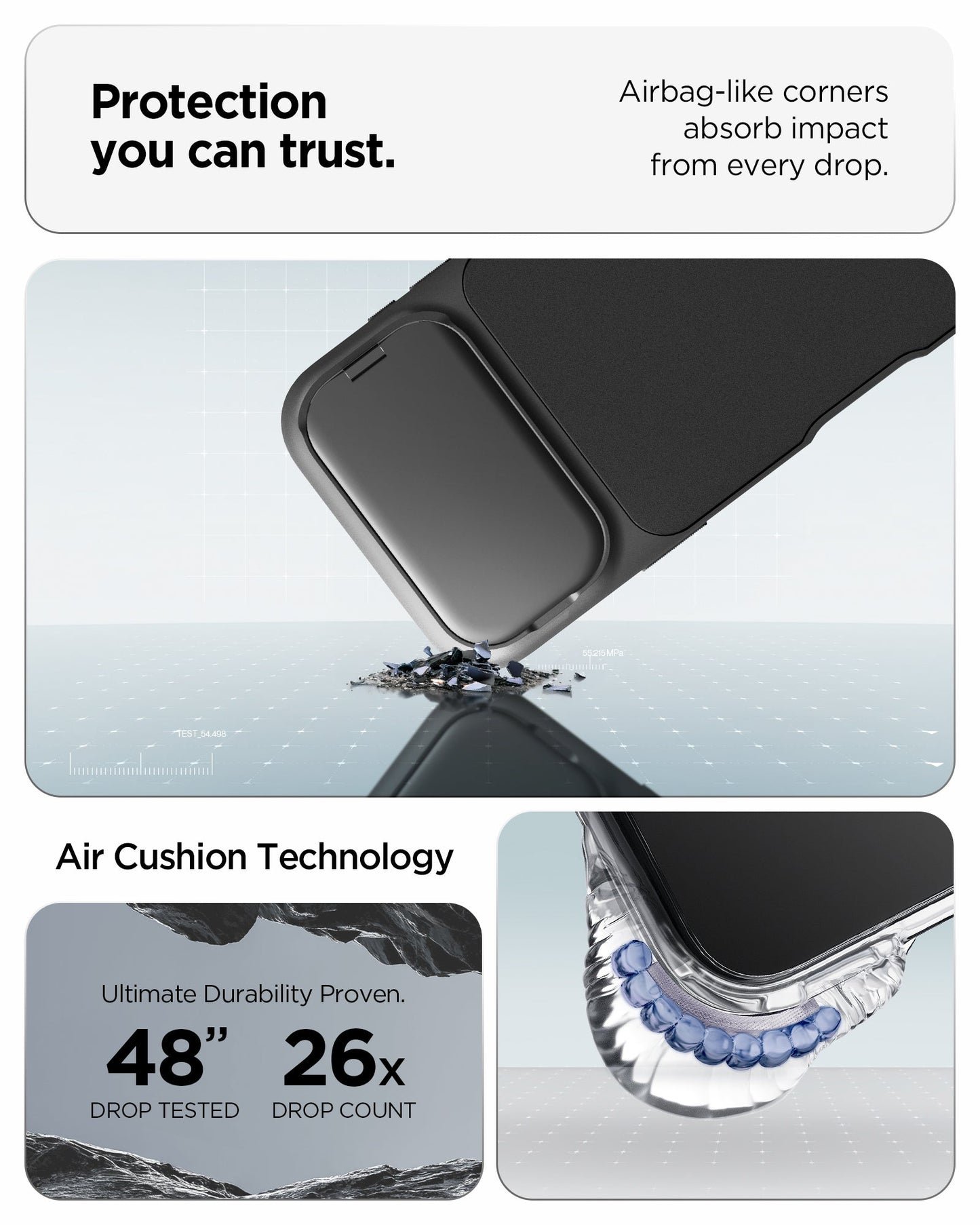 ACS09900 - iPhone 17 Pro Max Series Case Optik Armor (MagFit) in black showing the protection you can trust. Airbag-like corners absorb impact from every drop with air cushion technology