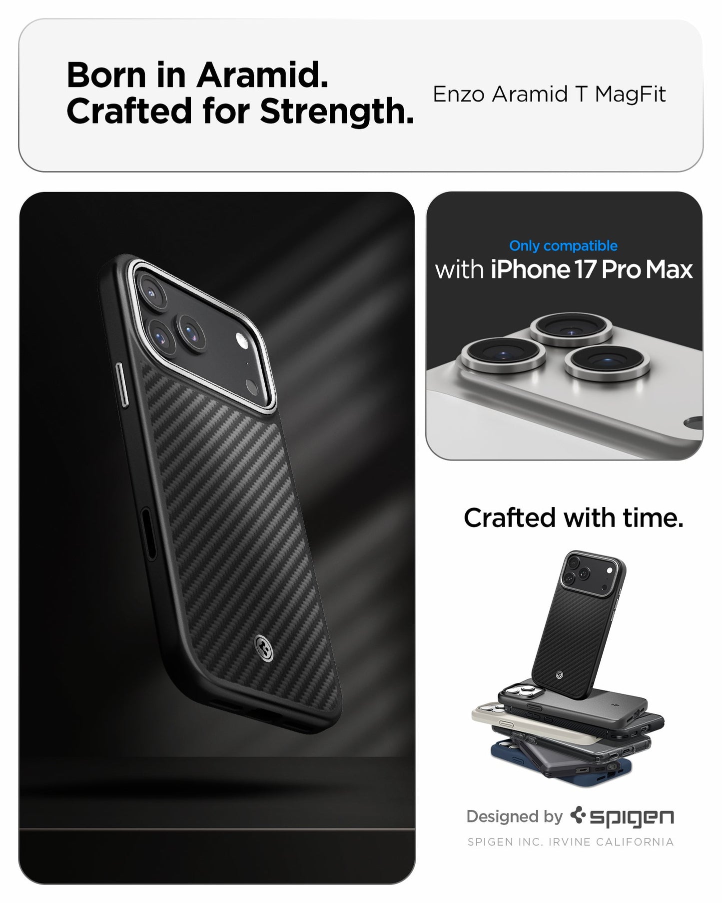 ACS09905 - iPhone 17 Pro Max Case Enzo Aramid T in black showing the born in aramid, crafted for strength. Only compatible with iphone 17 pro max
