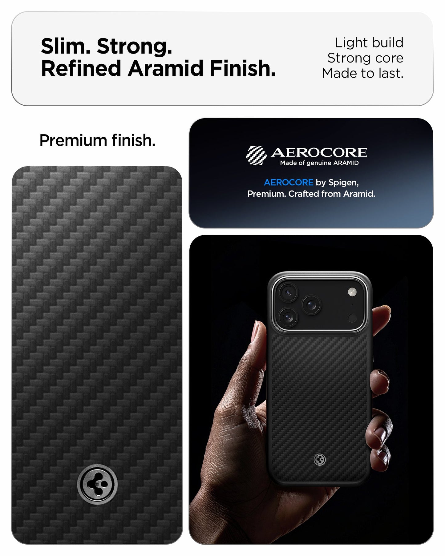 ACS09905 - iPhone 17 Pro Max Case Enzo Aramid T in black showing the slim, strong and refined aramid finish. Light build, strong core and made to last.