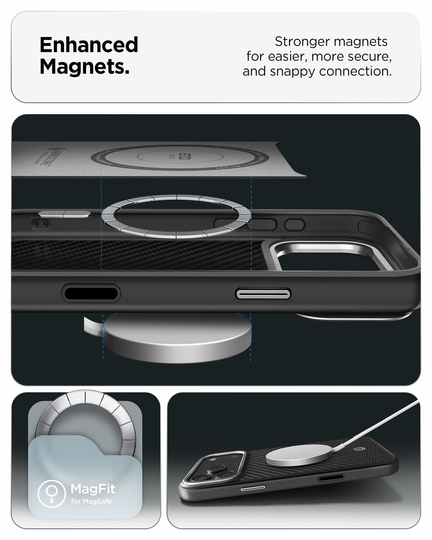 ACS09905 - iPhone 17 Pro Max Case Enzo Aramid T in black showing the enhanced magnets. Stronger magnets for easier, more secure and snappy connection