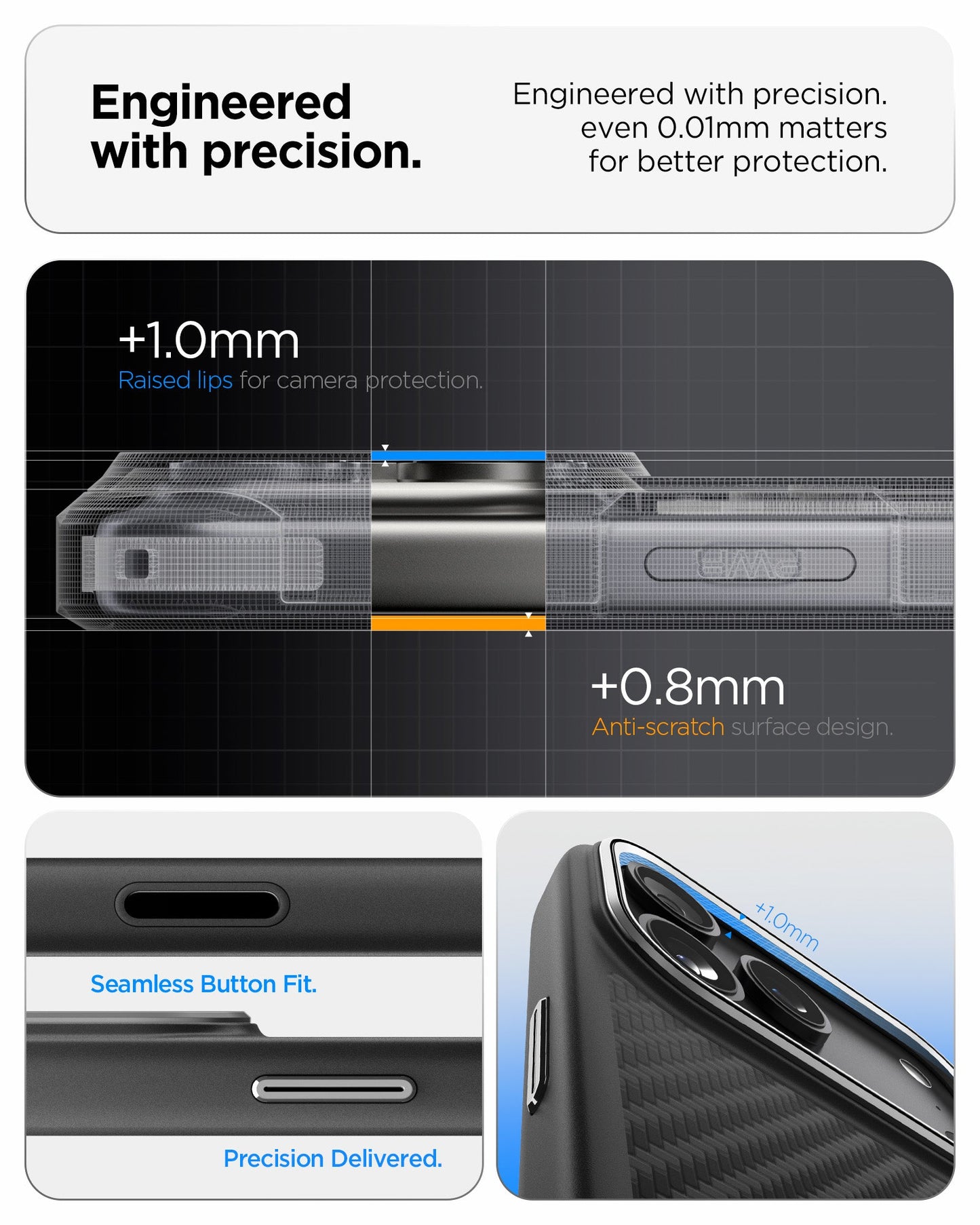 ACS09905 - iPhone 17 Pro Max Case Enzo Aramid T in black showing the engineered with precision. Engineered with precision even 0.01mm matters for better protection