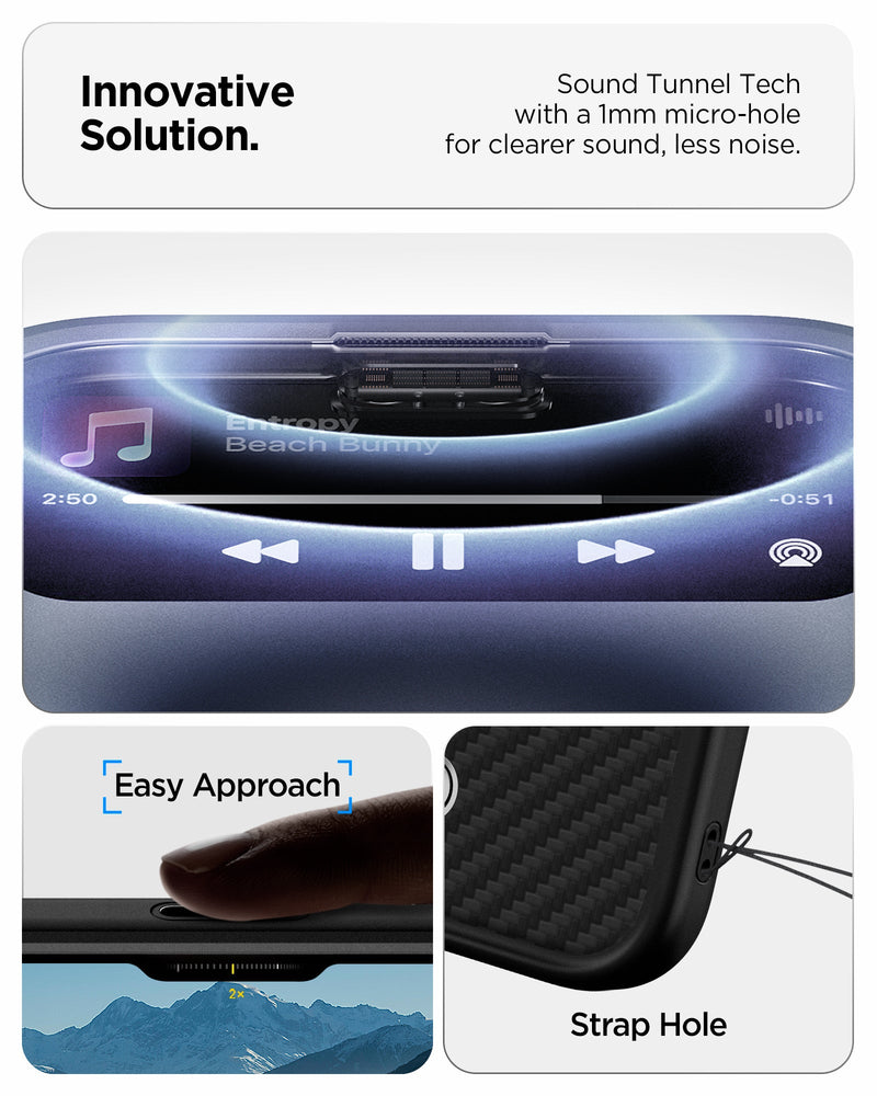 ACS09905 - iPhone 17 Pro Max Case Enzo Aramid T in black showing the innovative solution. Sound tunnel tech with a 1mm micro-hole for clearer sound, less noise