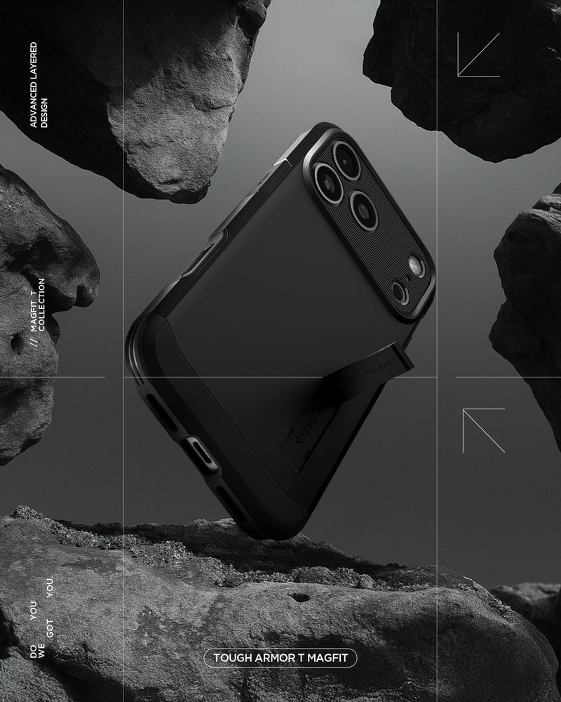 ACS09897 - iPhone 17 Pro Max Case Tough Armor T AI (MagFit) in black showing the back with kick stand