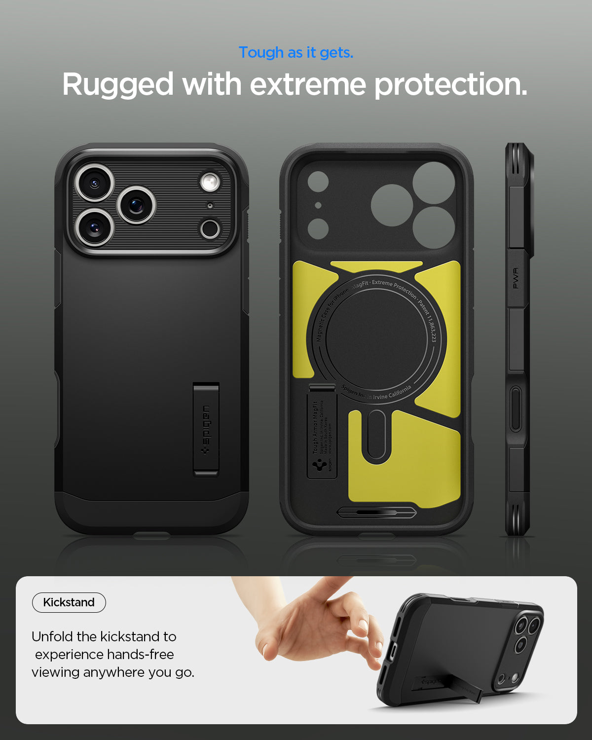ACS09897 - iPhone 17 Pro Max Case Tough Armor T AI (MagFit) in black showing rugged with extreme protection. Tough as it gets.