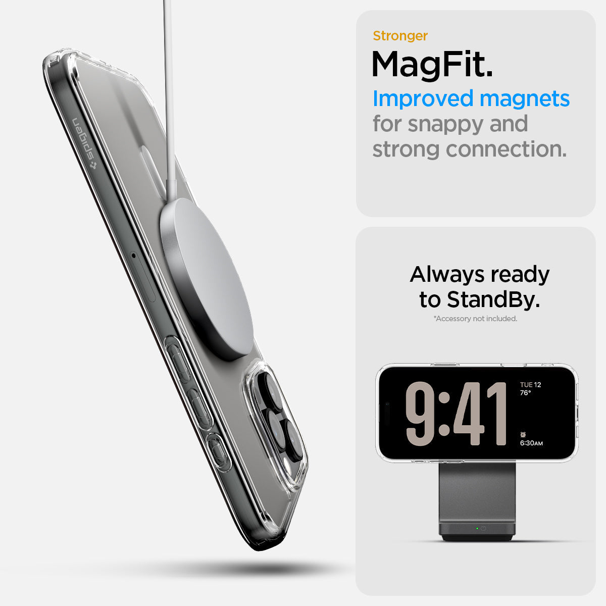 TBD1- iPhone 16 Pro Max Case Ultra Hybrid T (MagFit + Camera Control) in White showing the stronger MagFit, improved magnets, for snappy and strong connection, always ready to standby