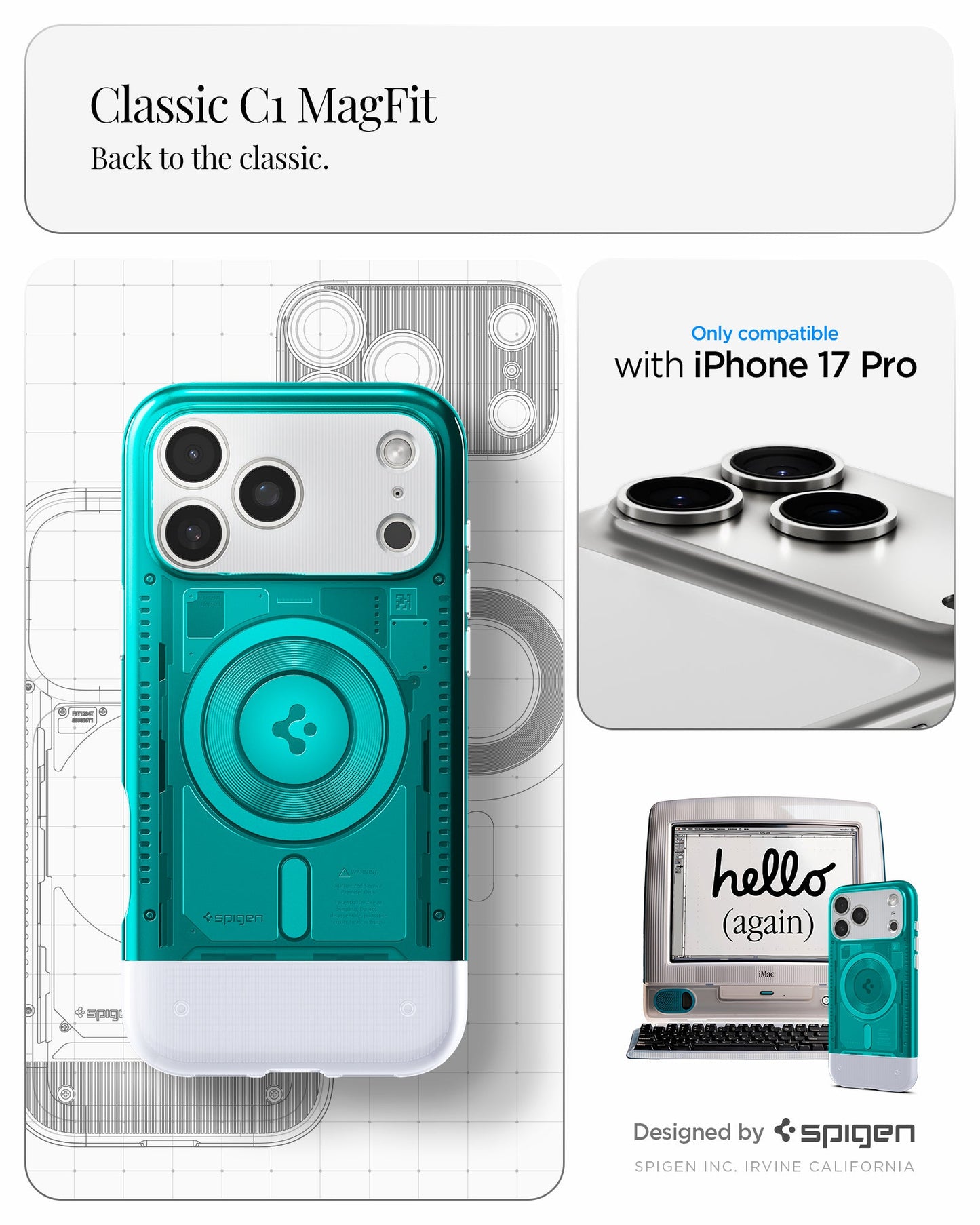 ACS09961 - iPhone 17 Pro Case Classic C1 (MagFit) in bondi blue showing classic C1 magfit. Back to the classic. designed by spigen.