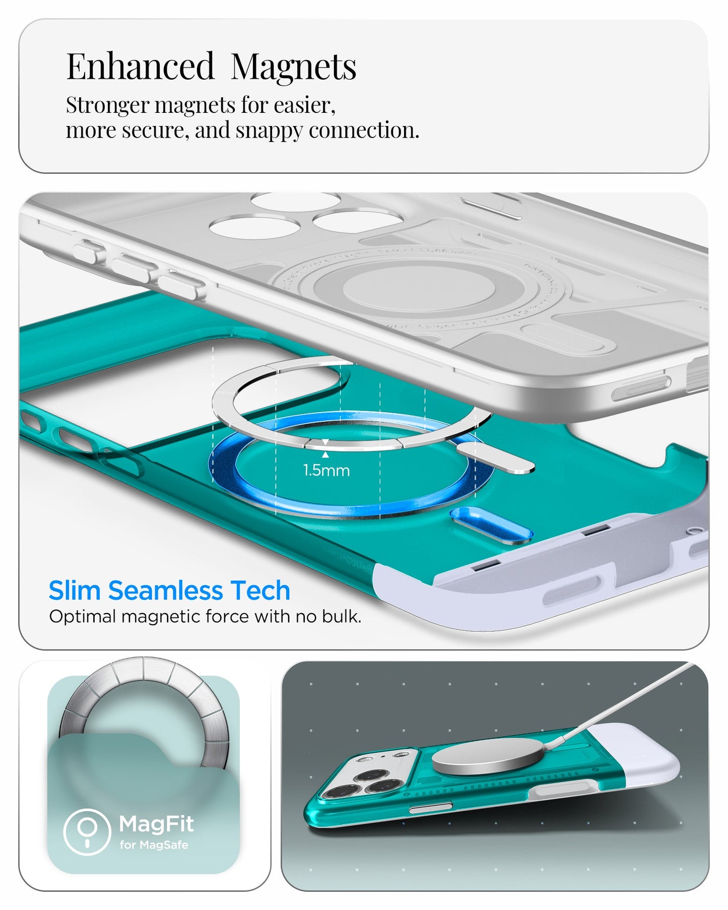ACS09908 - iPhone 17 Pro Max Case Classic C1 (MagFit) in bondi blue showing enhanced magnets. stronger magnets for easier more secure and snappy connection. slim seamless tech. optimal magnetic force with no bulk.