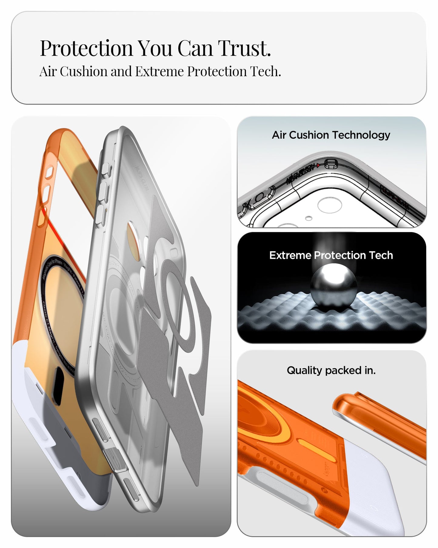ACS09910 - iPhone 17 Pro Max Case Classic C1 (MagFit) in tangerine showing protection you can trust. air cushion and extreme protection tech.