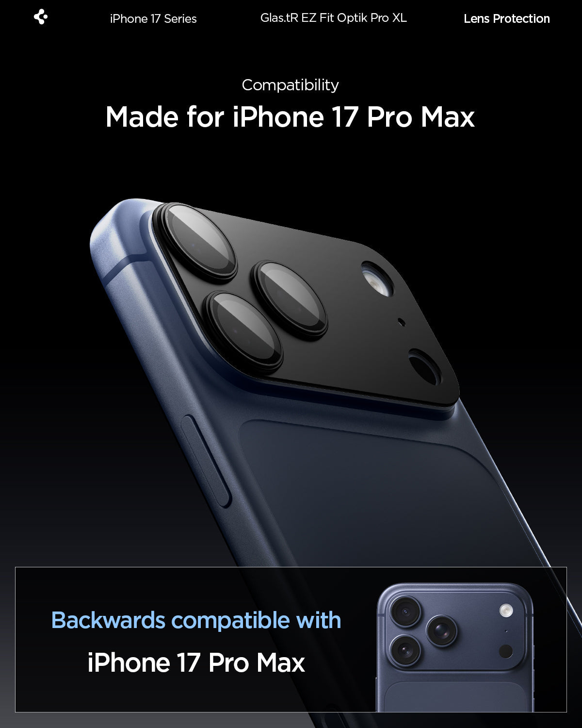 AGL10649 - iPhone 17 Pro Max Optik Pro XL EZ Fit Lens Protector in black showing the compatibility only with iPhone 17 Pro Max