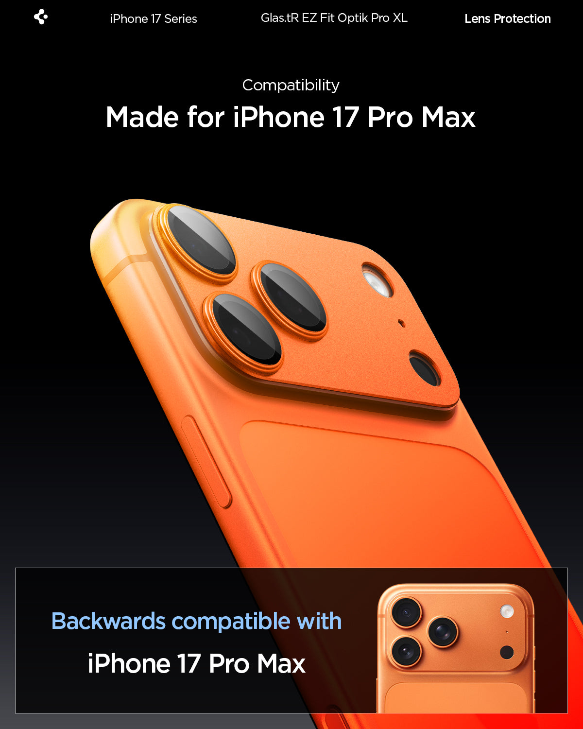 AGL10650 - iPhone 17 Pro Max Optik Pro XL EZ Fit Lens Protector in orange showing the compatibility only with iPhone 17 Pro Max
