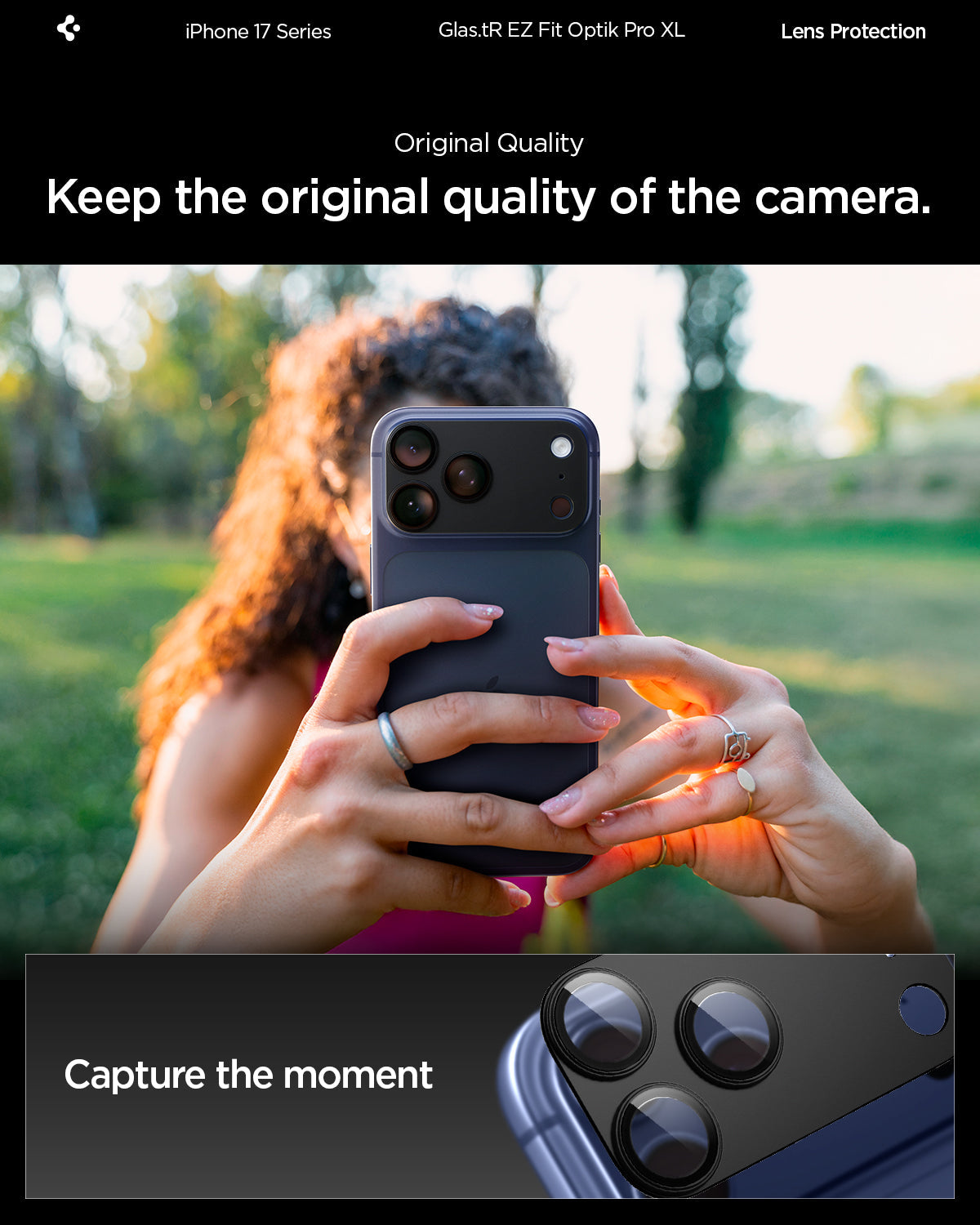 AGL10649 - iPhone 17 Pro Max Optik Pro XL EZ Fit Lens Protector in black showing keeping the original quality of the camera
