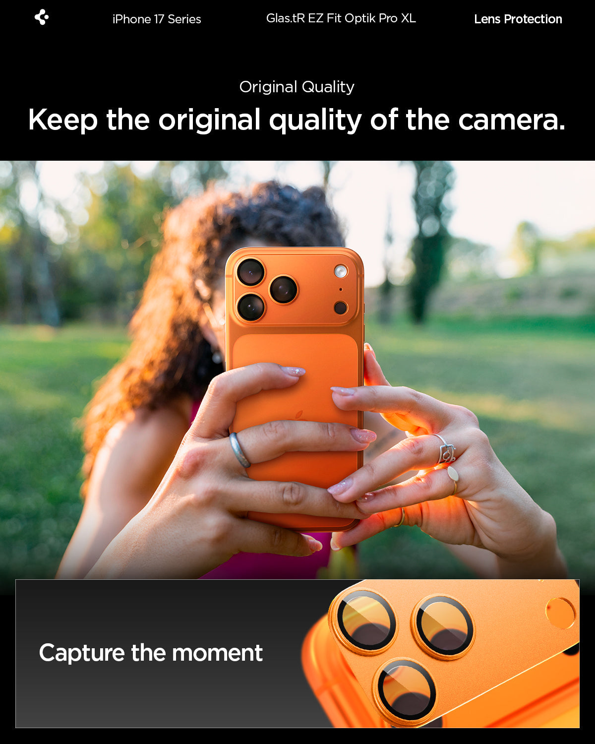 AGL10650 - iPhone 17 Pro Max Optik Pro XL EZ Fit Lens Protector in orange showing keeping the original quality of the camera