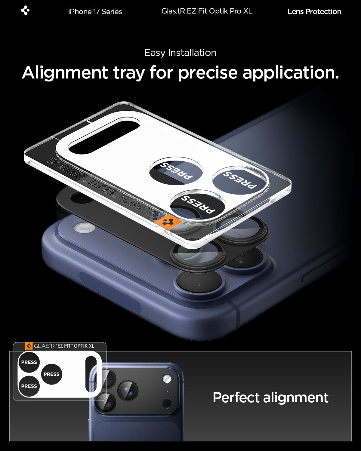 AGL10649 - iPhone 17 Pro Max Optik Pro XL EZ Fit Lens Protector in black showing the alignment tray for precise application, achieve perfect alignment