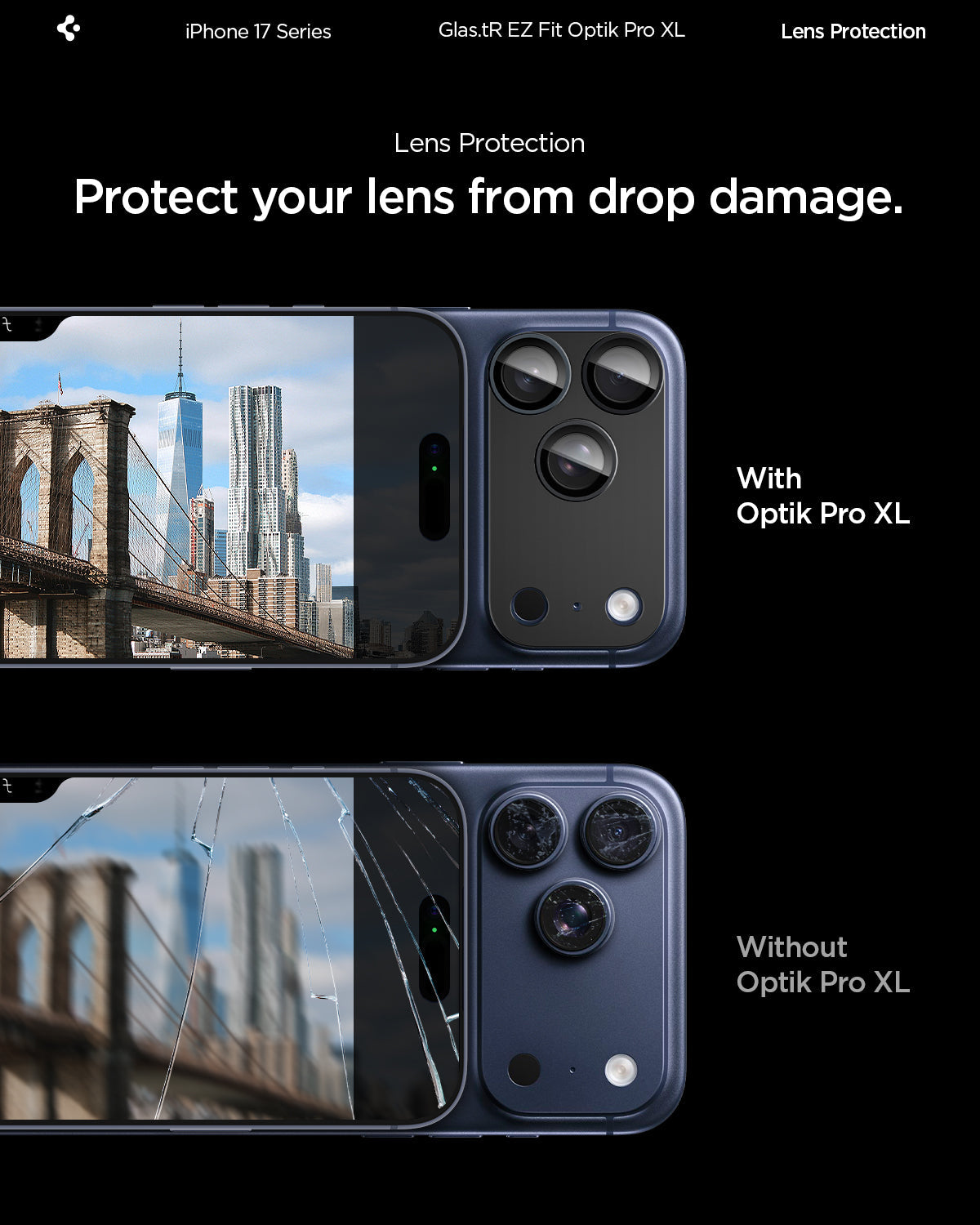 AGL10649 - iPhone 17 Pro Max Optik Pro XL EZ Fit Lens Protector in black showing how it protects your lens from drop damage