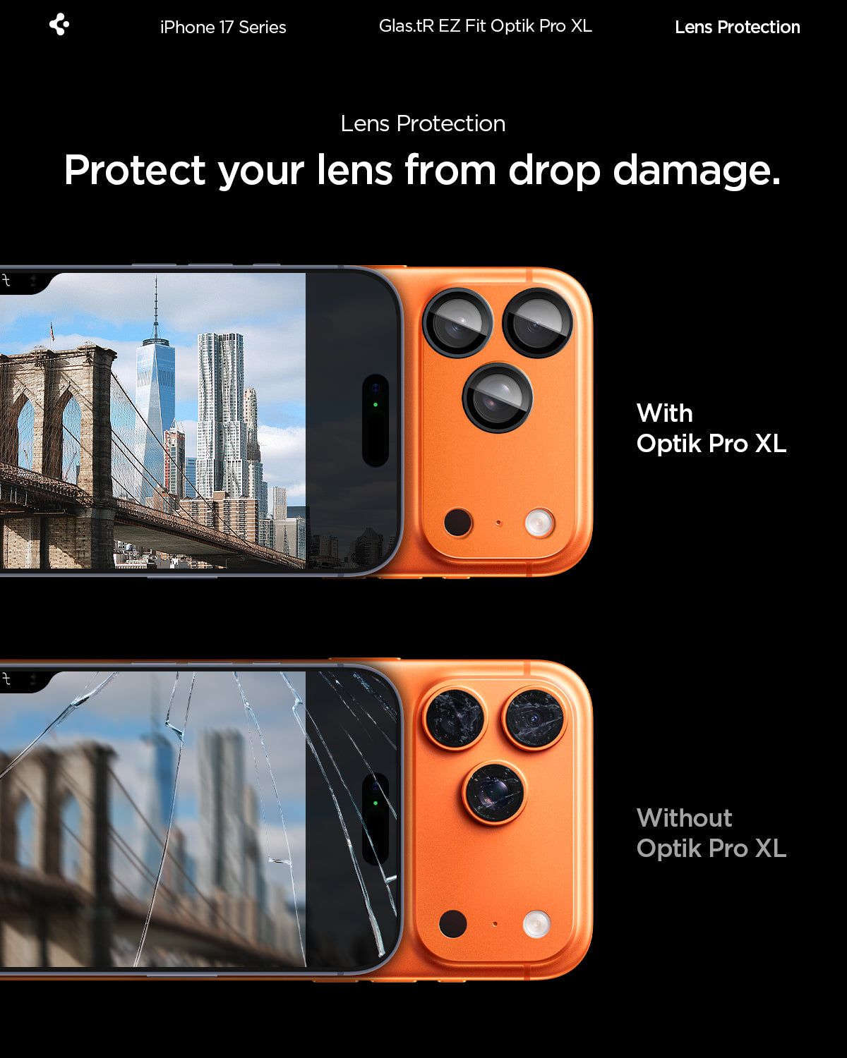 AGL10650 - iPhone 17 Pro Max Optik Pro XL EZ Fit Lens Protector in orange showing how it protects your lens from drop damage