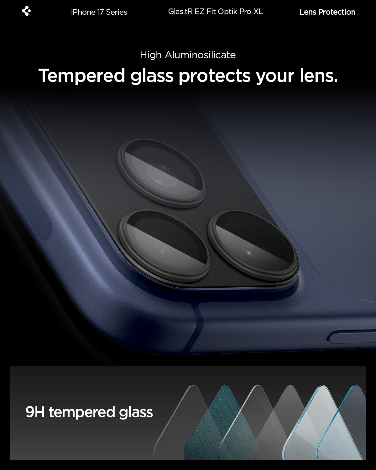 AGL10649 - iPhone 17 Pro Max Optik Pro XL EZ Fit Lens Protector in black showing the High Aluminosilicate Tempered glass protects your lens with 9H tempered glass