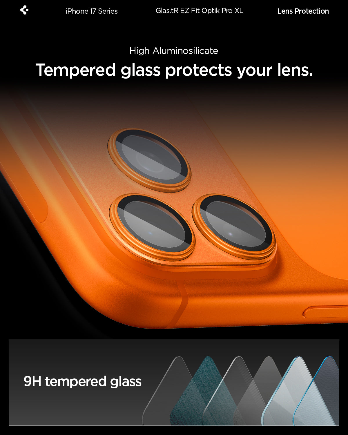 AGL10650 - iPhone 17 Pro Max Optik Pro XL EZ Fit Lens Protector in orange showing the High Aluminosilicate Tempered glass protects your lens with 9H tempered glass