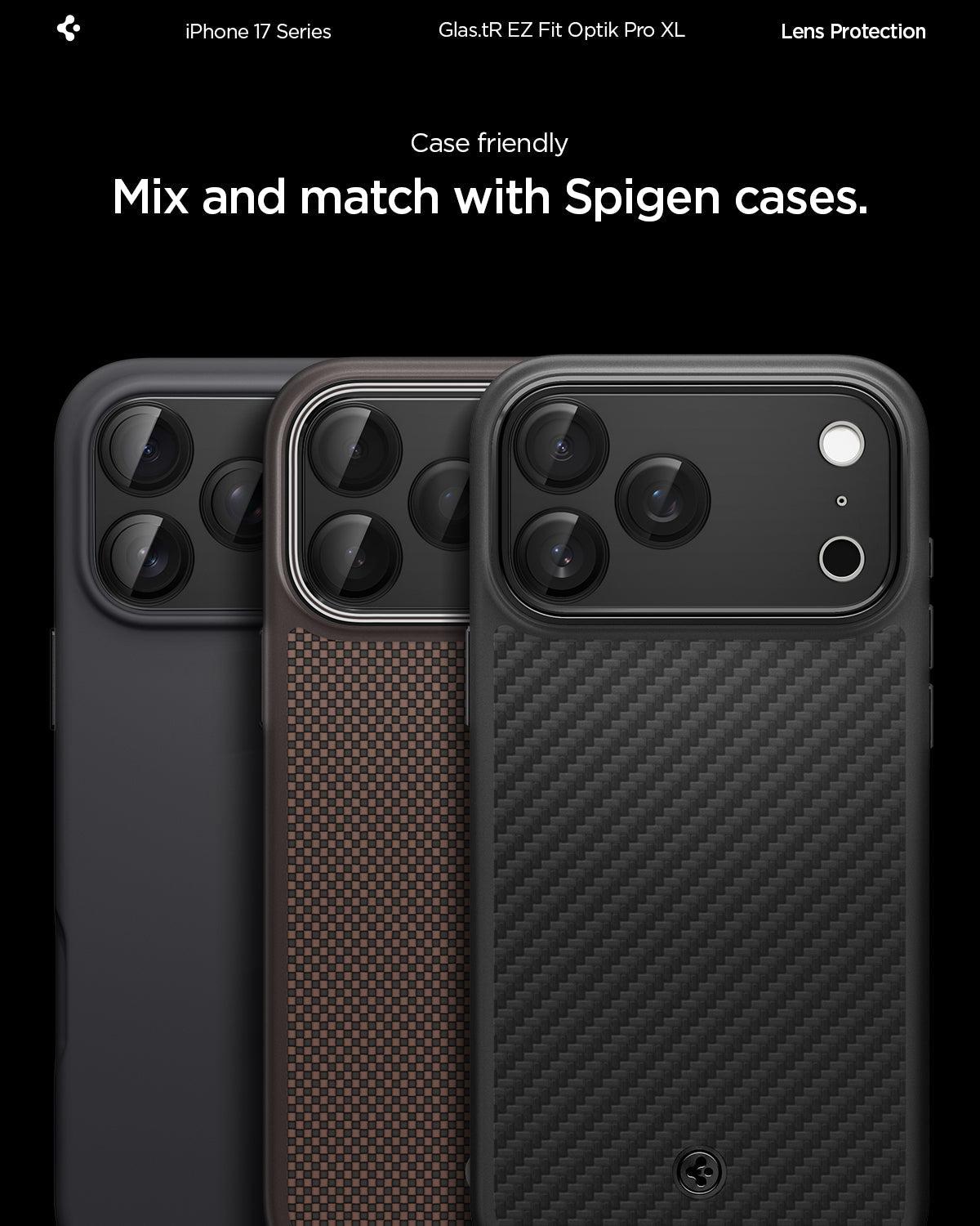 AGL10649 - iPhone 17 Pro Max Optik Pro XL EZ Fit Lens Protector in black showing the case friendly, mix and match with Spigen cases