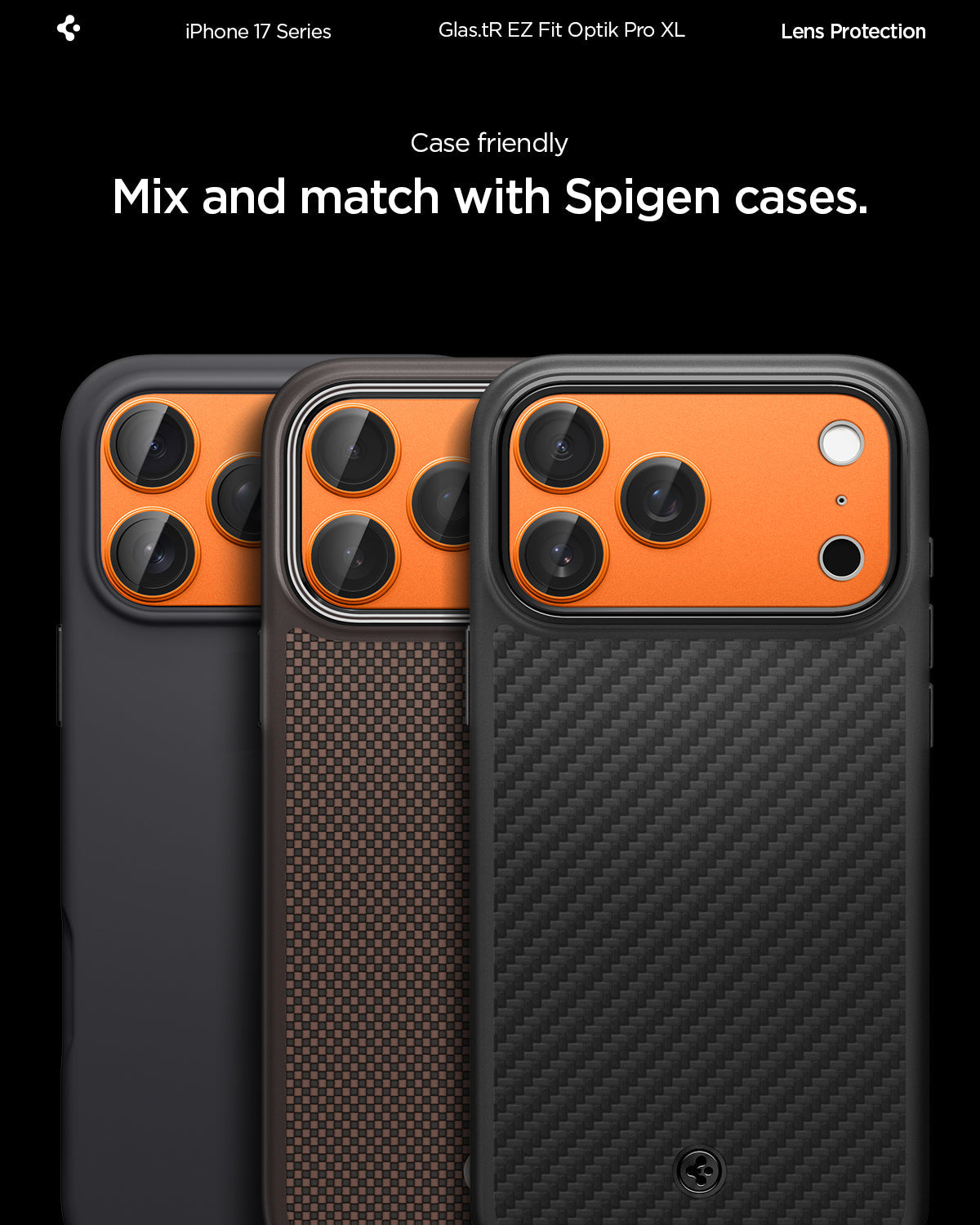 AGL10650 - iPhone 17 Pro Max Optik Pro XL EZ Fit Lens Protector in orange showing the case friendly, mix and match with Spigen cases