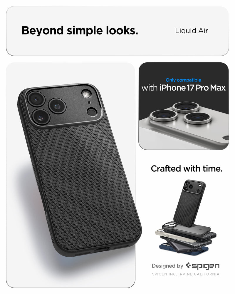 ACS09888 - iPhone 17 Pro Max Liquid Air in Matte Black showing beyond simple looks. liquid air. designed by spigen.