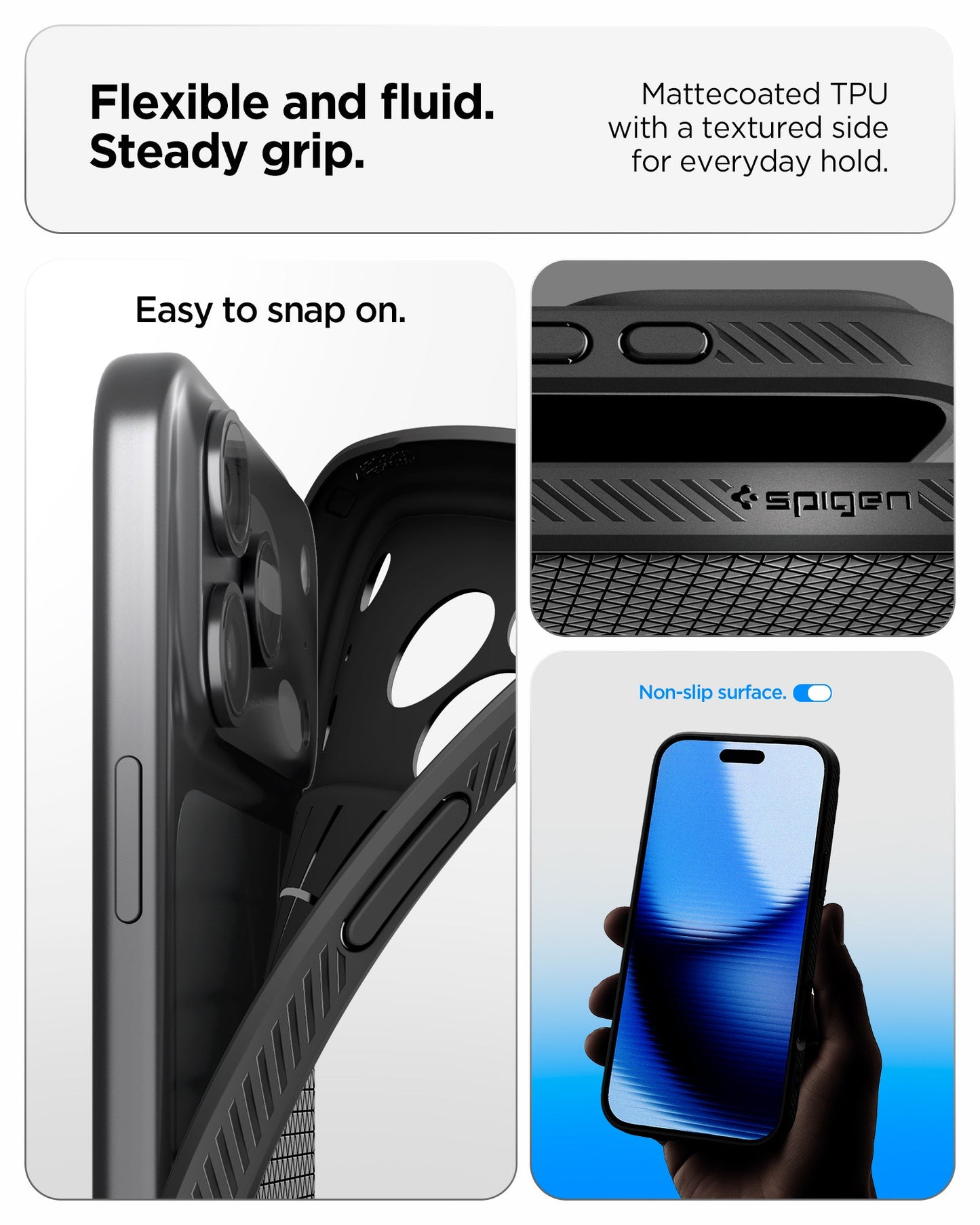 ACS09888 - iPhone 17 Pro Max Liquid Air in Matte Black showing flexible and fluid steady grip. mattecoated TPU with a textured side for everyday hold.