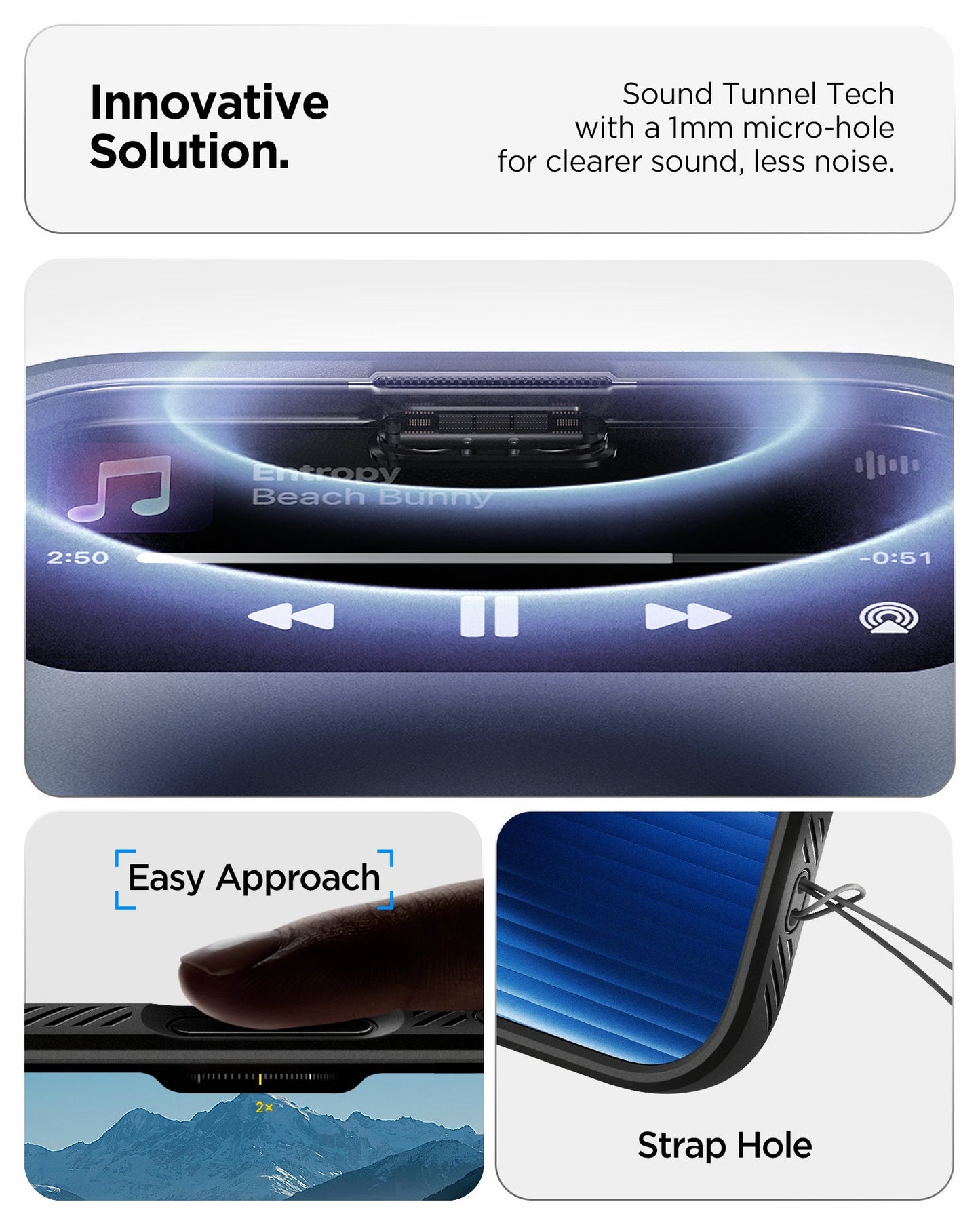 ACS09888 - iPhone 17 Pro Max Liquid Air in Matte Black showing innovative solution. sound tunnel tech with a 1mm micro hole for cleaner sound, less noise.