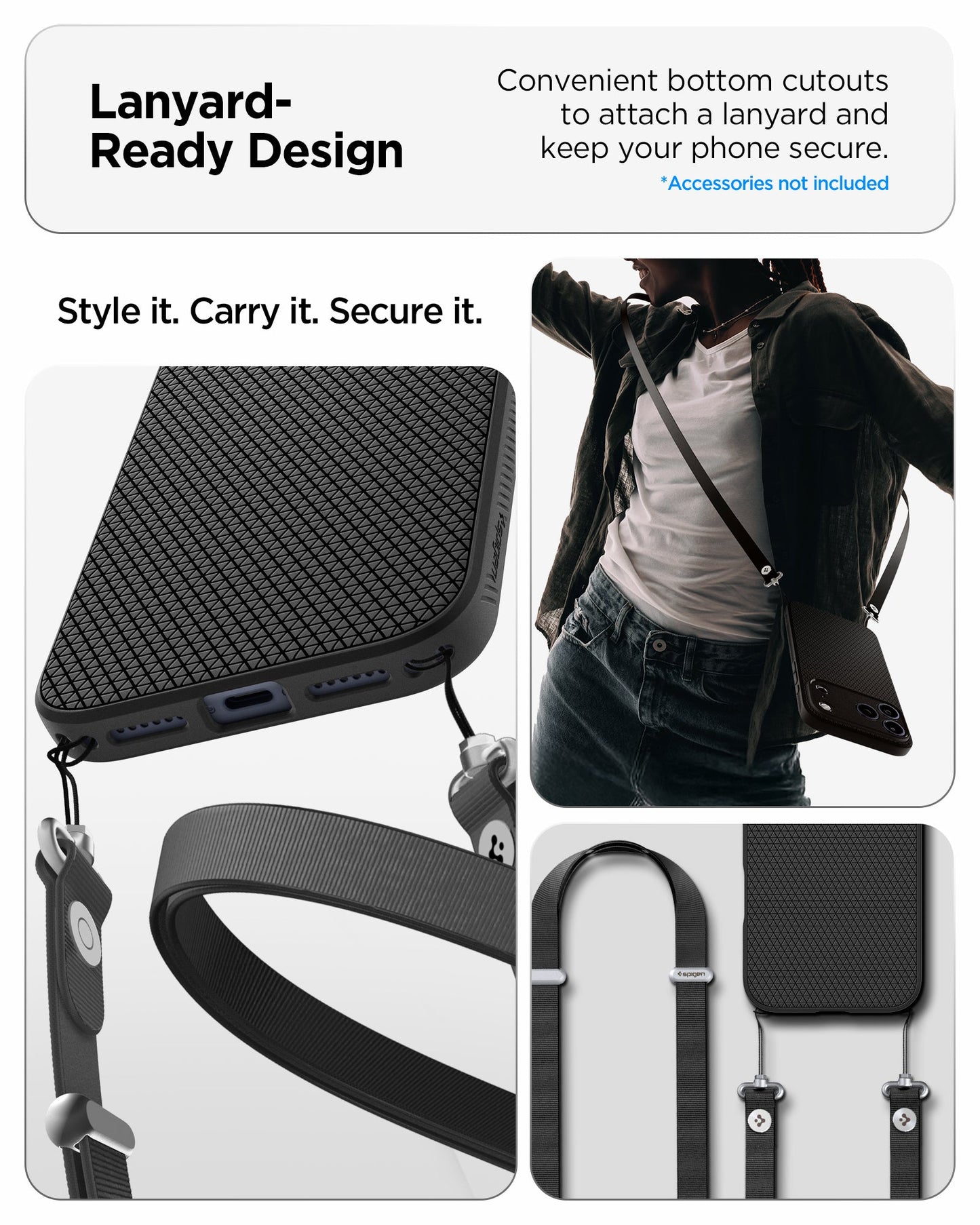 ACS09888 - iPhone 17 Pro Max Liquid Air in Matte Black showing lanyard ready design. convenient bottom cutouts to attach a lanyard and keep you phone secure. style it, carry it, secure it