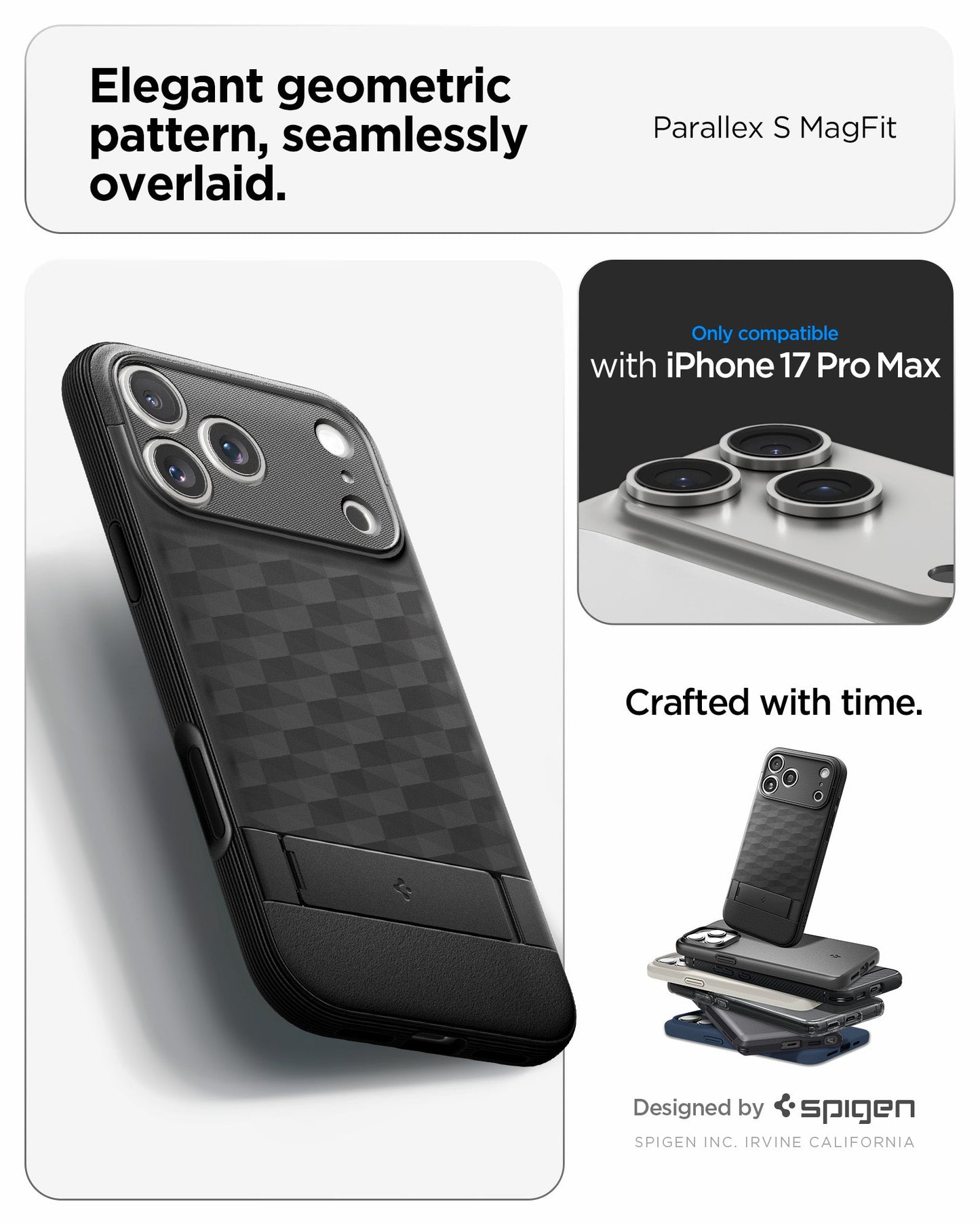 ACS09911 - iPhone 17 Pro Max Series Case Parallax S (MagFit) in black showing the elegant geometric pattern, seamlessly overlaid.