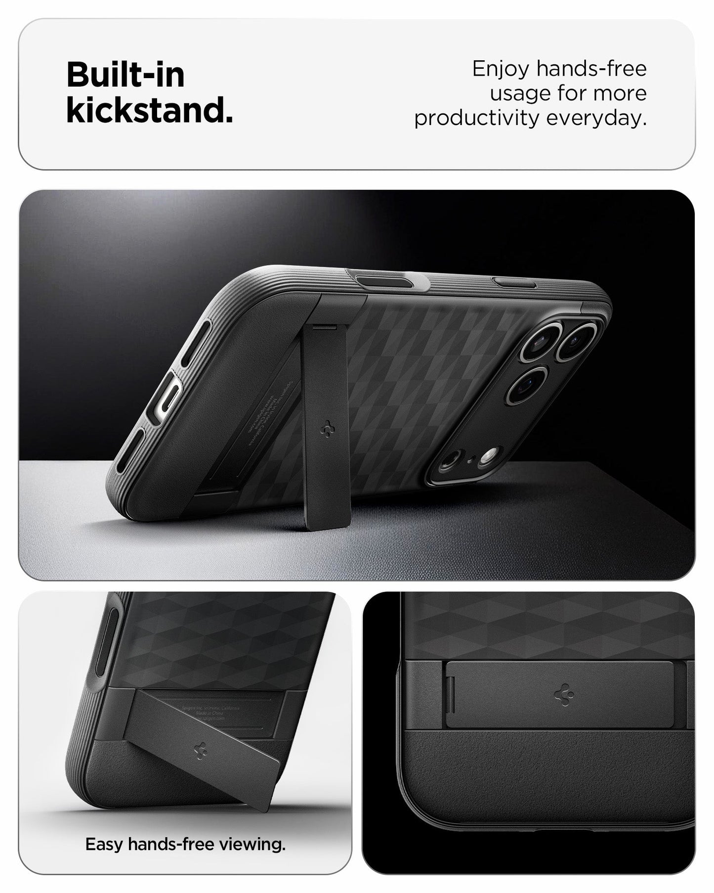 ACS09911 - iPhone 17 Pro Max Series Case Parallax S (MagFit) in black showing the built in kickstand. Enjoy hands free usage for more productivity everyday