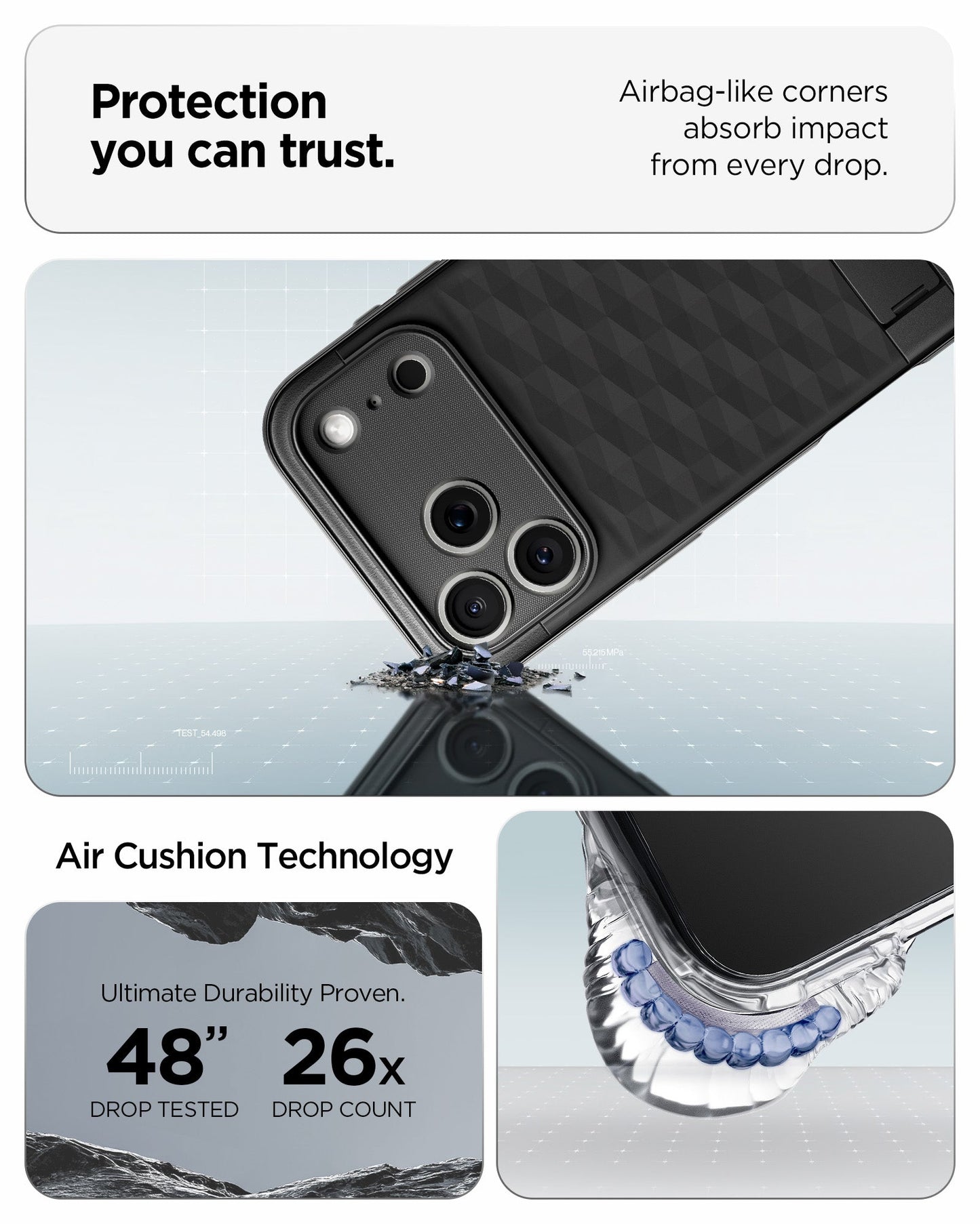 ACS09911 - iPhone 17 Pro Max Series Case Parallax S (MagFit) in black showing the protection you can trust. Airbag-like corners absorb impact from every drop